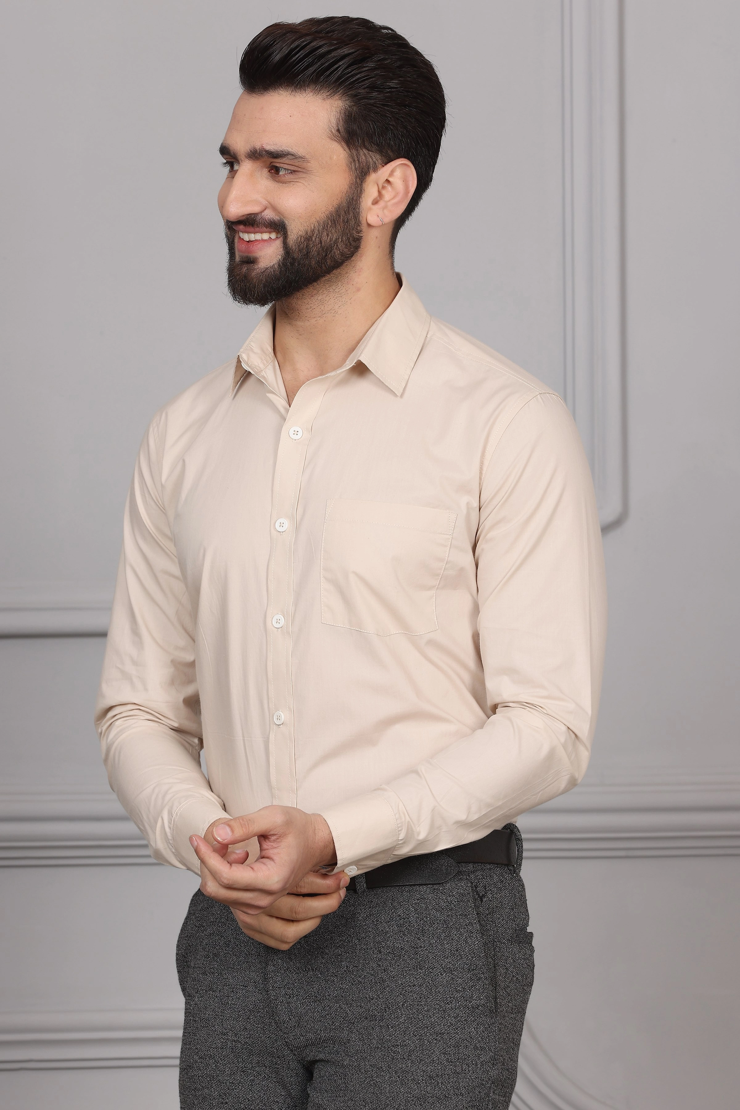 Beige Cream Formal Cotton Shirt-S-1