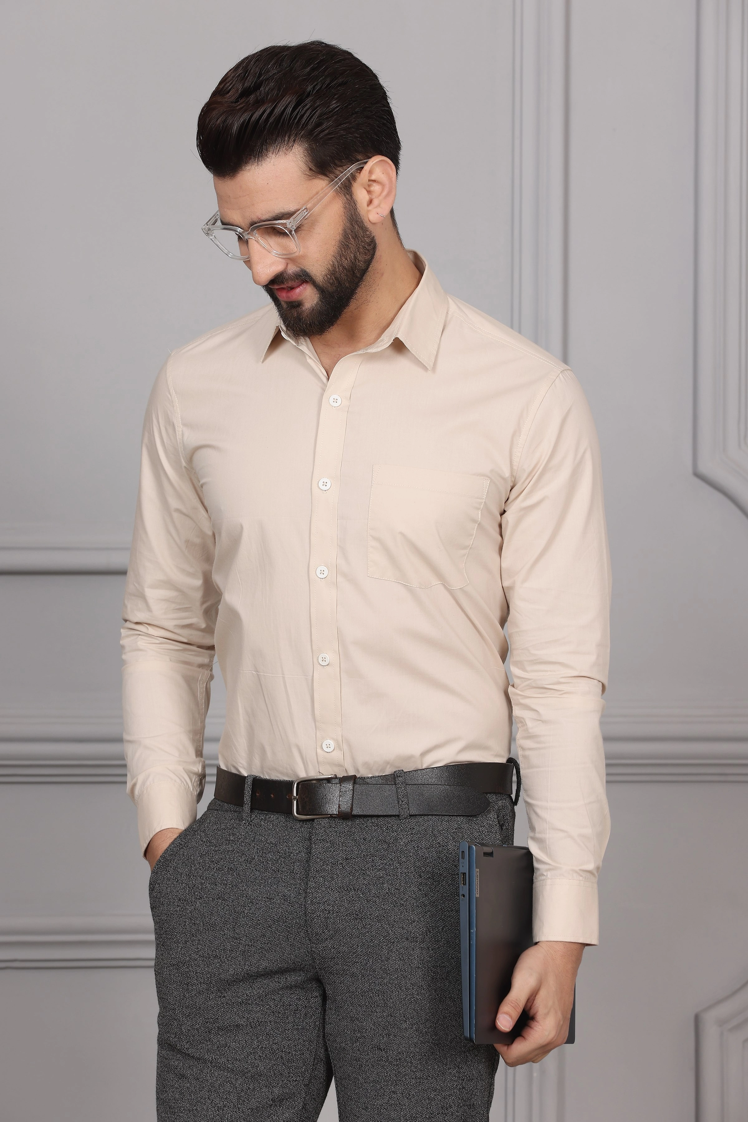 Beige Cream Formal Cotton Shirt-S-4