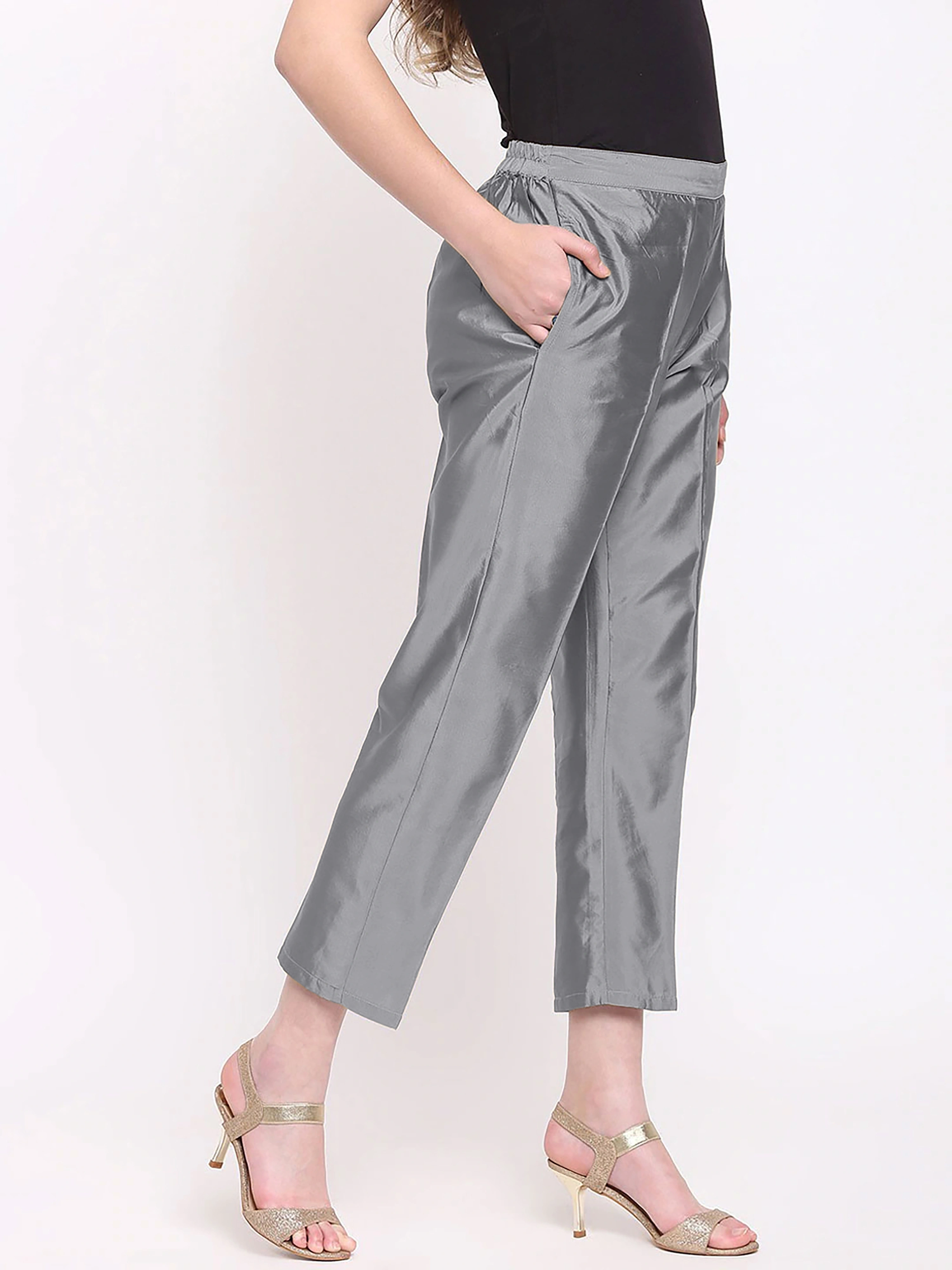 Taffeta Silk Pant-Grey-32 (L)-1