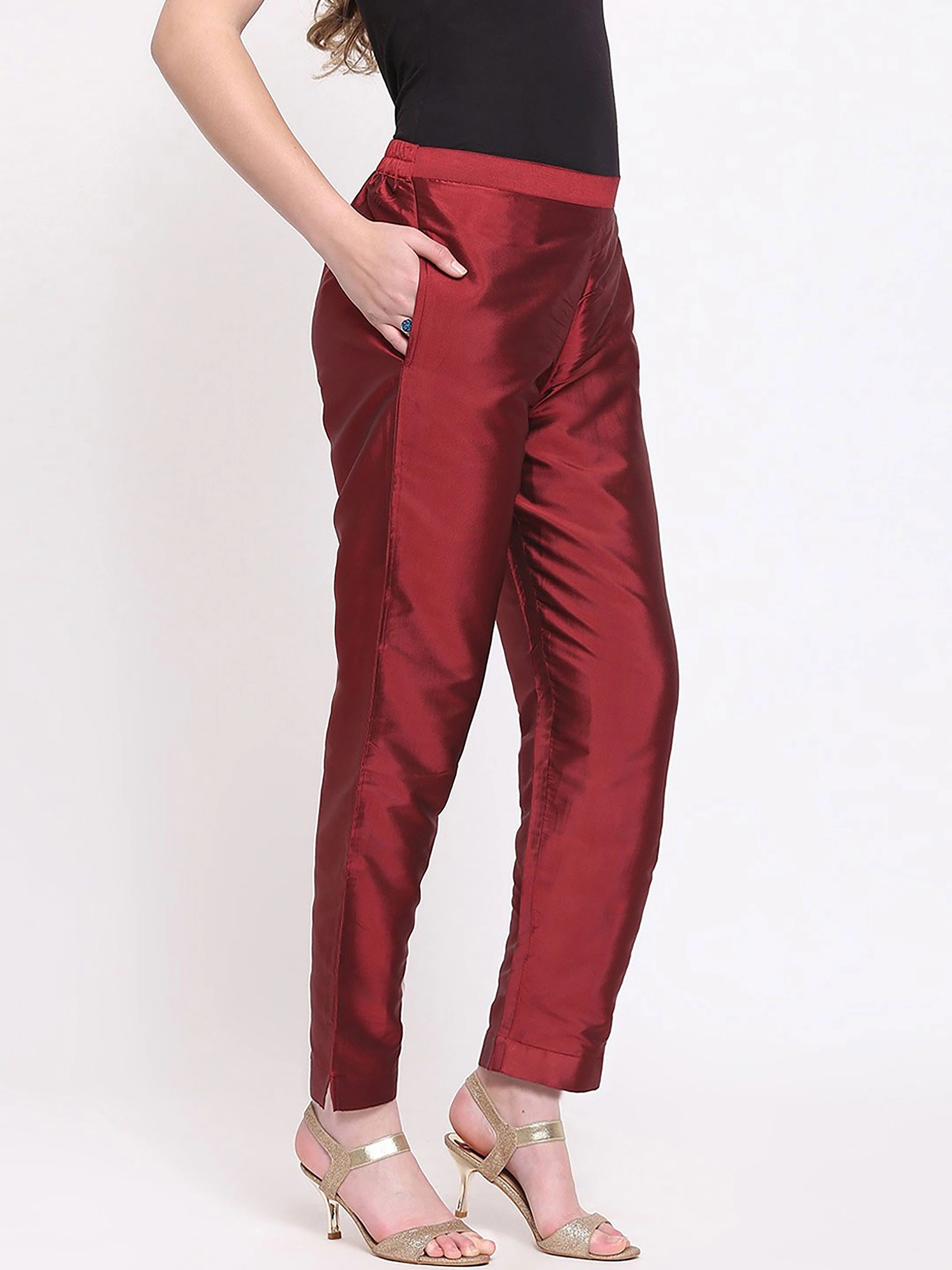 Taffeta Silk Pant-Maroon-32 (L)-1