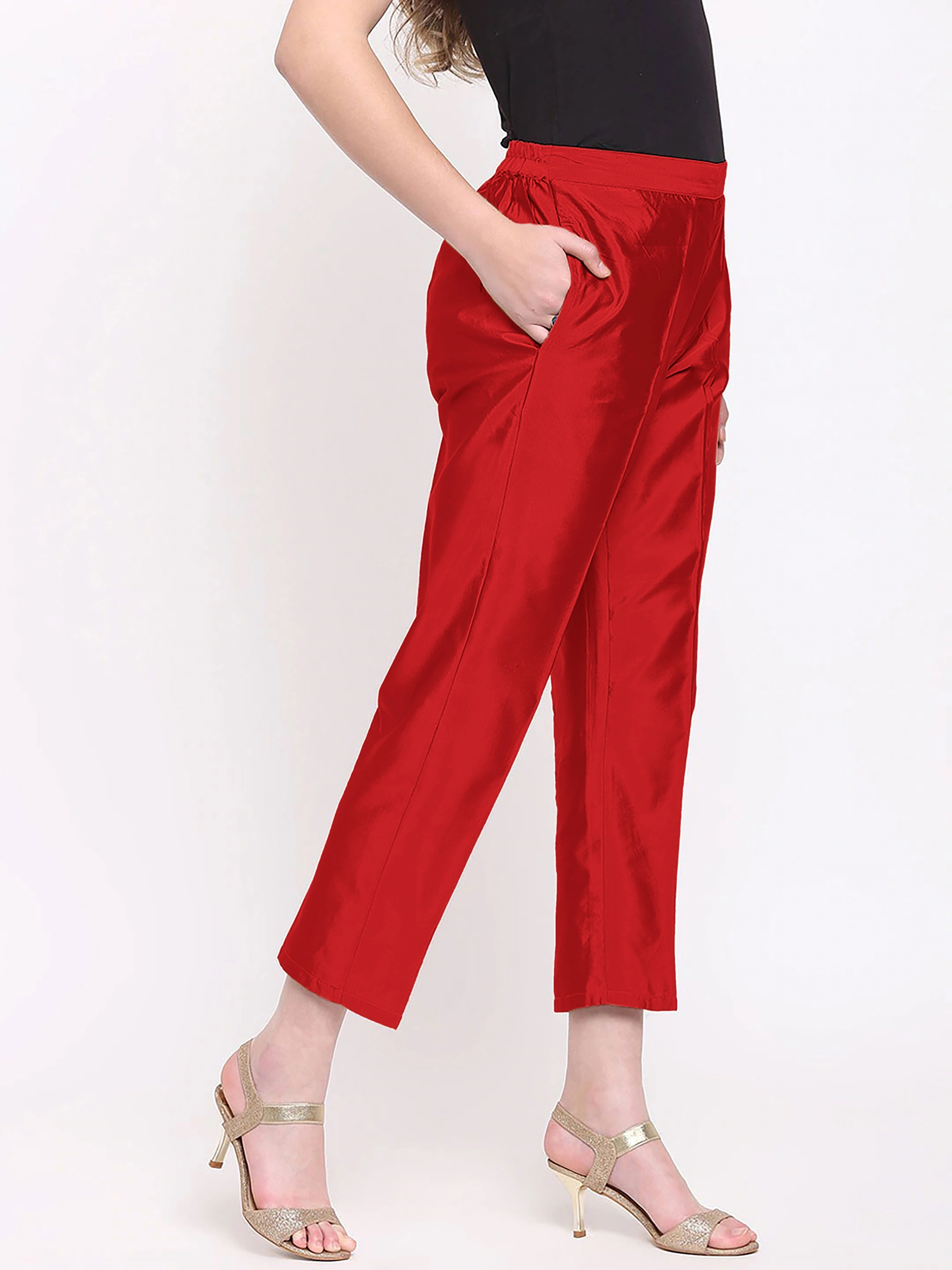 Taffeta Silk Pant-Red-32 (L)-1