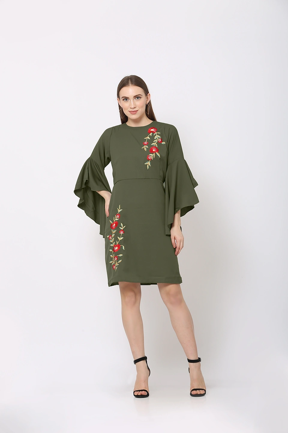 Embroidery Dress-Dark Green-30-32 (XL)-1