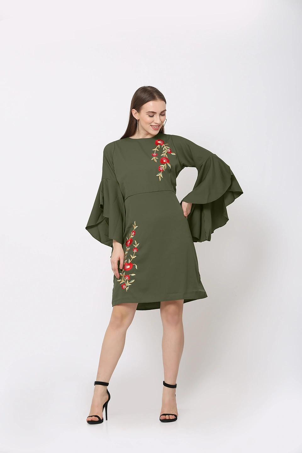 Embroidery Dress-Dark Green-30-32 (XL)-3