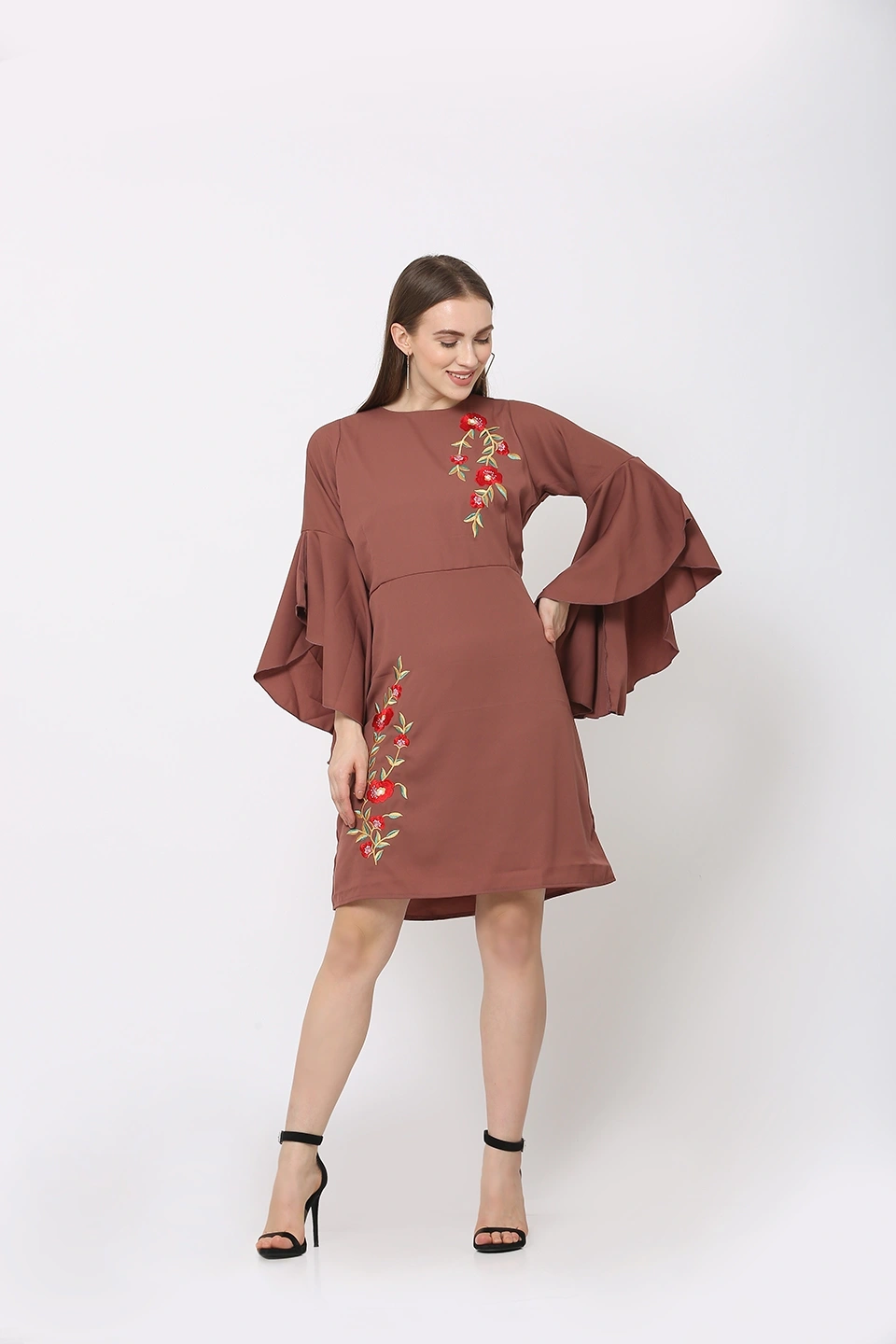 Embroidery Dress-Brown-30-32 (XL)-2