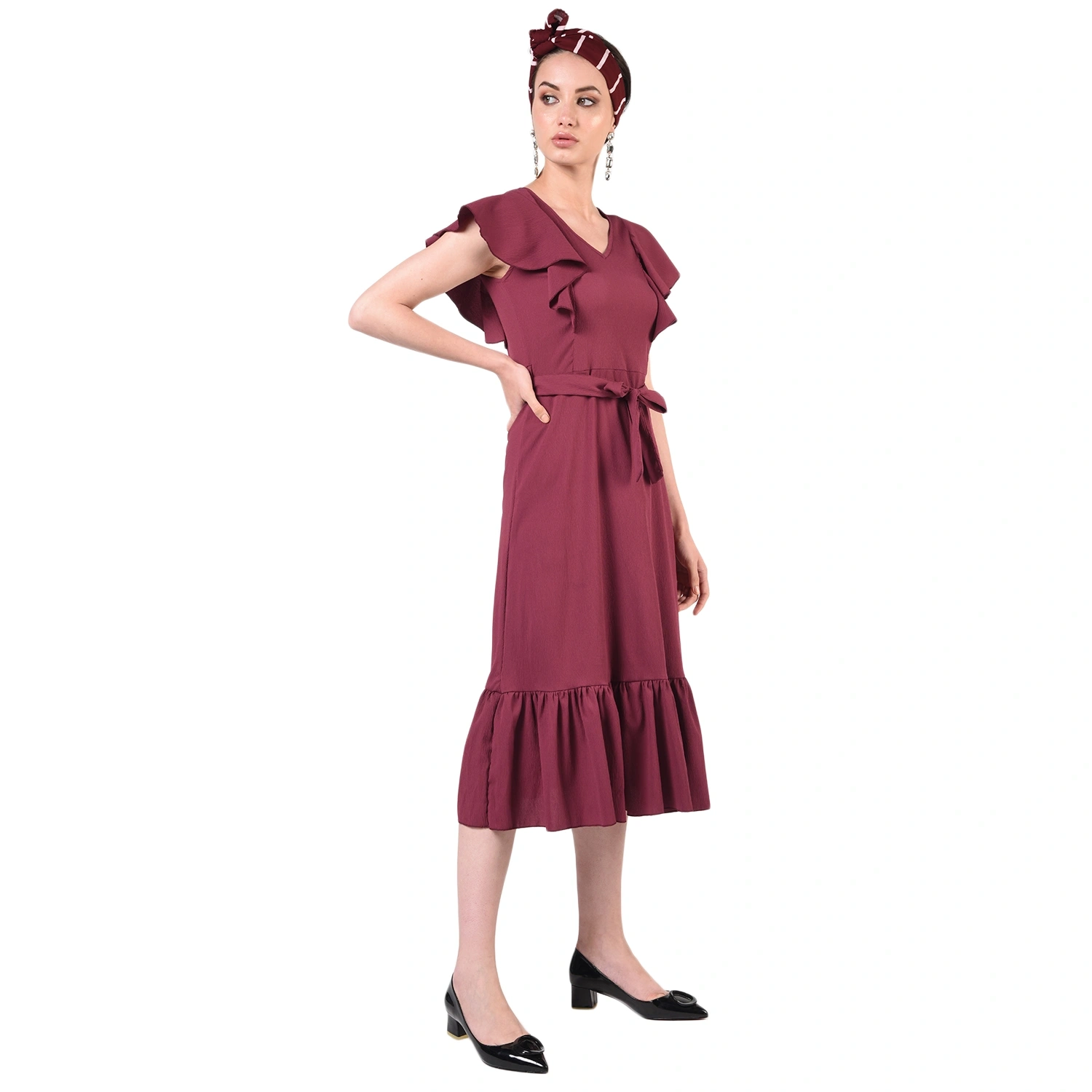 Ruffled Long Dress-30-32 (XL)-Burgundy-1