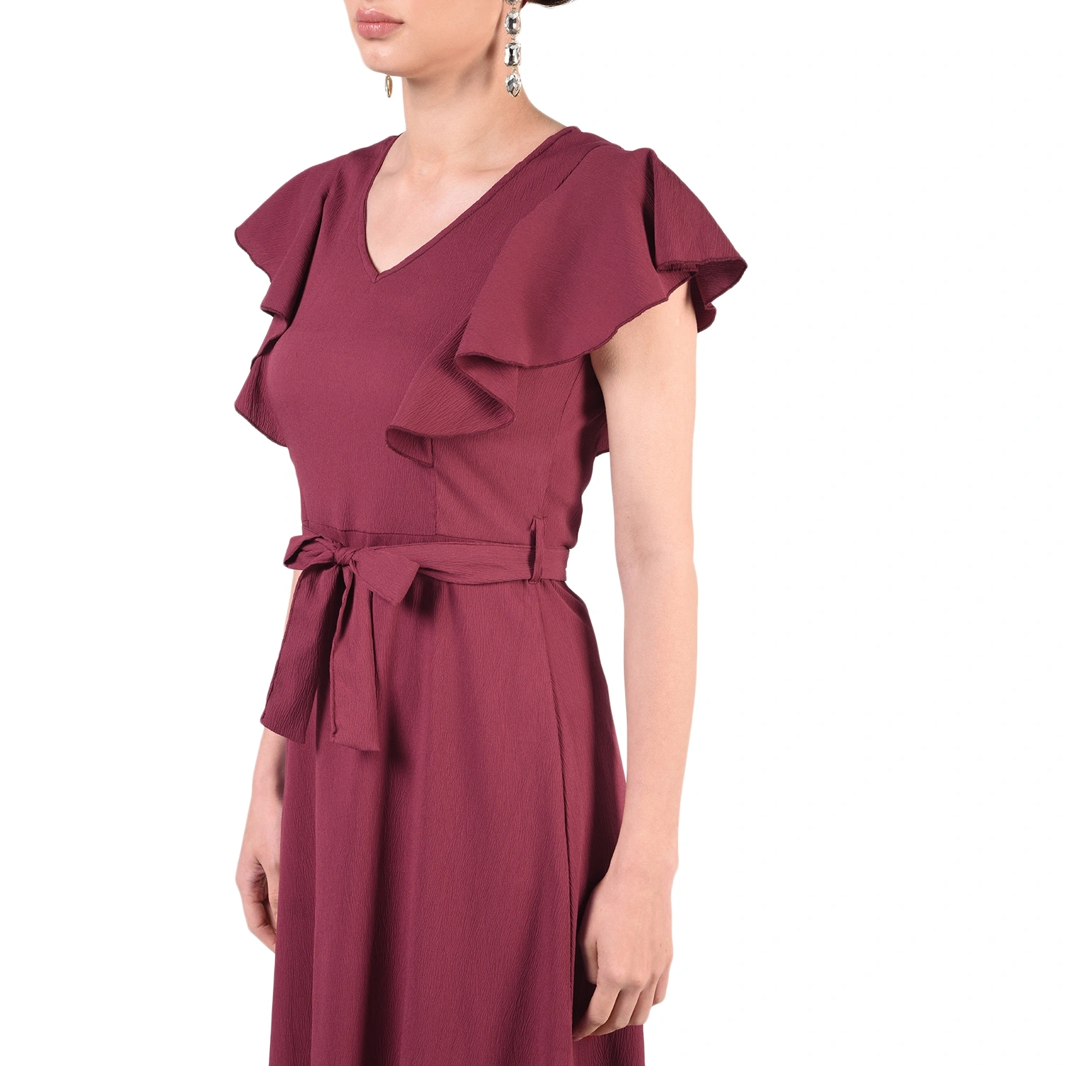 Ruffled Long Dress-30-32 (XL)-Burgundy-2