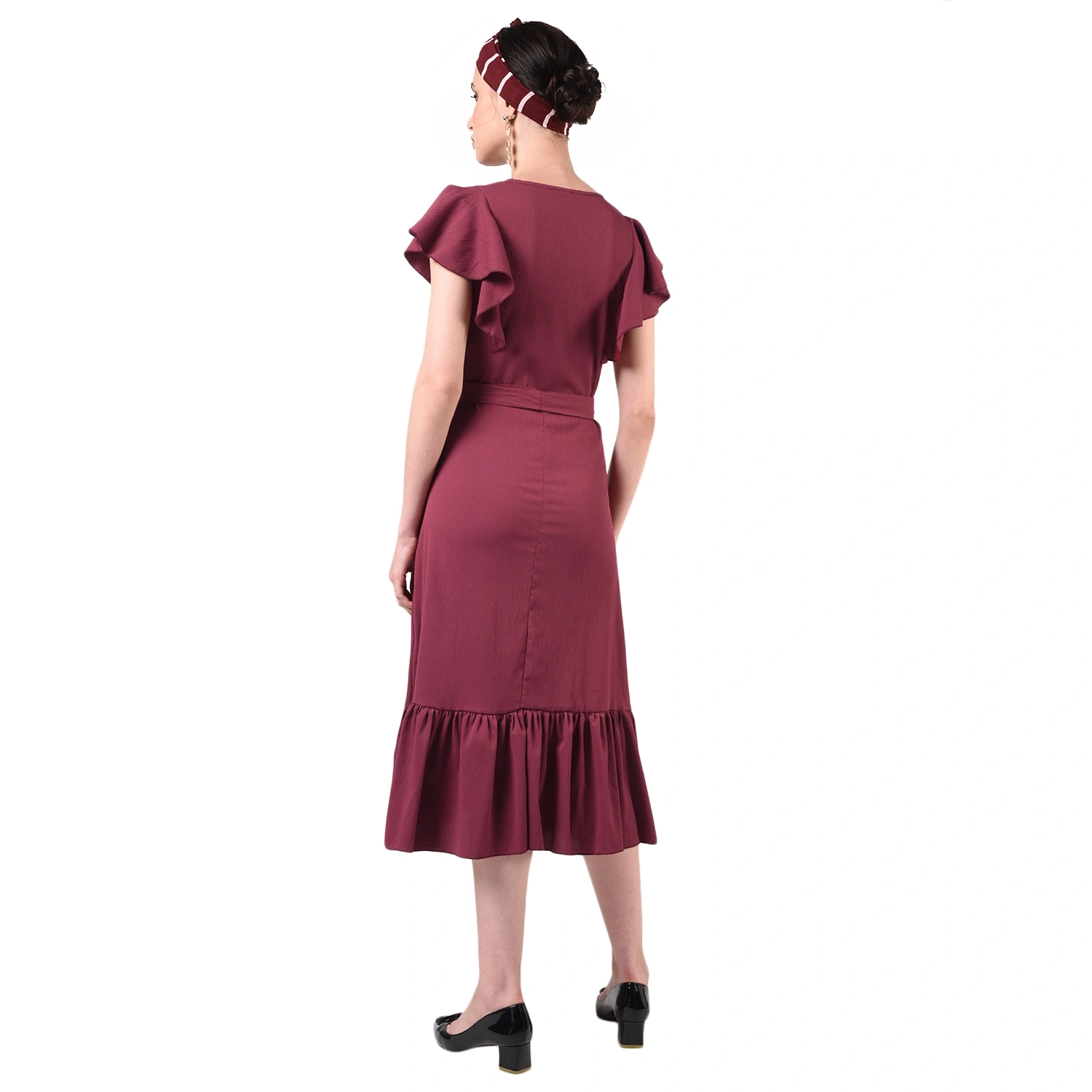 Ruffled Long Dress-30-32 (XL)-Burgundy-3