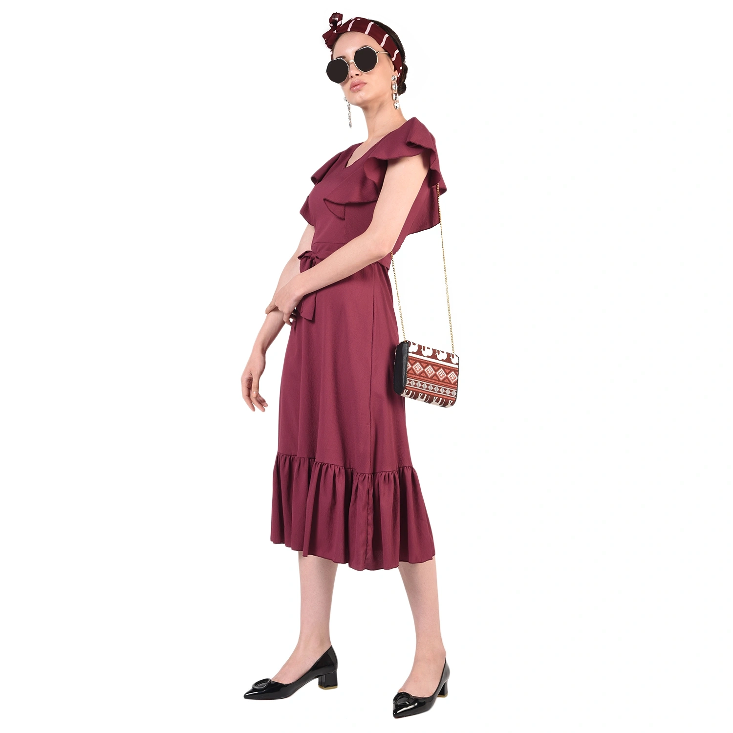 Ruffled Long Dress-30-32 (XL)-Burgundy-4