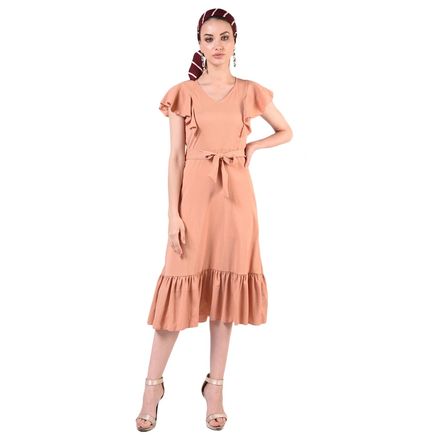 Ruffled Long Dress-Peach-30-32 (XL)-1