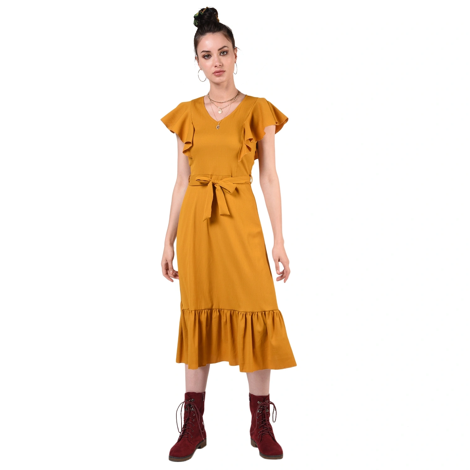 Ruffled Long Dress-Yellow-30-32 (XL)-1