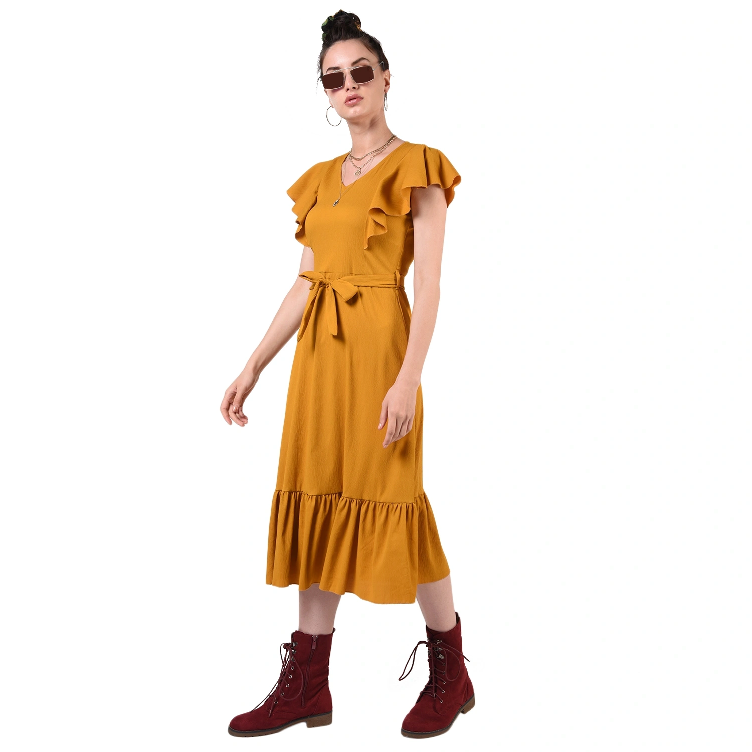 Ruffled Long Dress-Yellow-30-32 (XL)-3