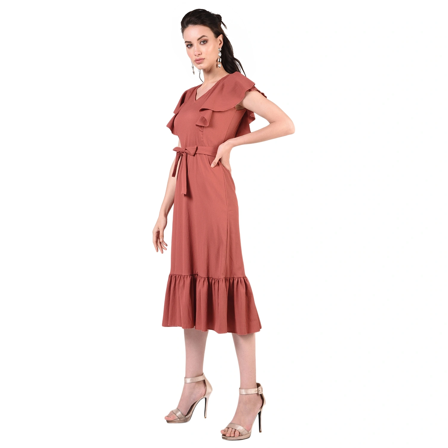 Ruffled Long Dress-Light Brown-30-32 (XL)-1