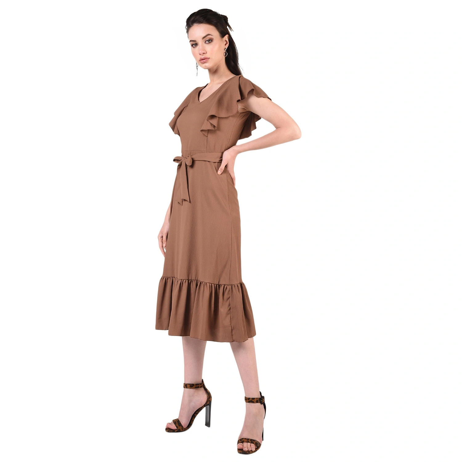 Ruffled Long Dress-Brown-34-36 (2XL)-1