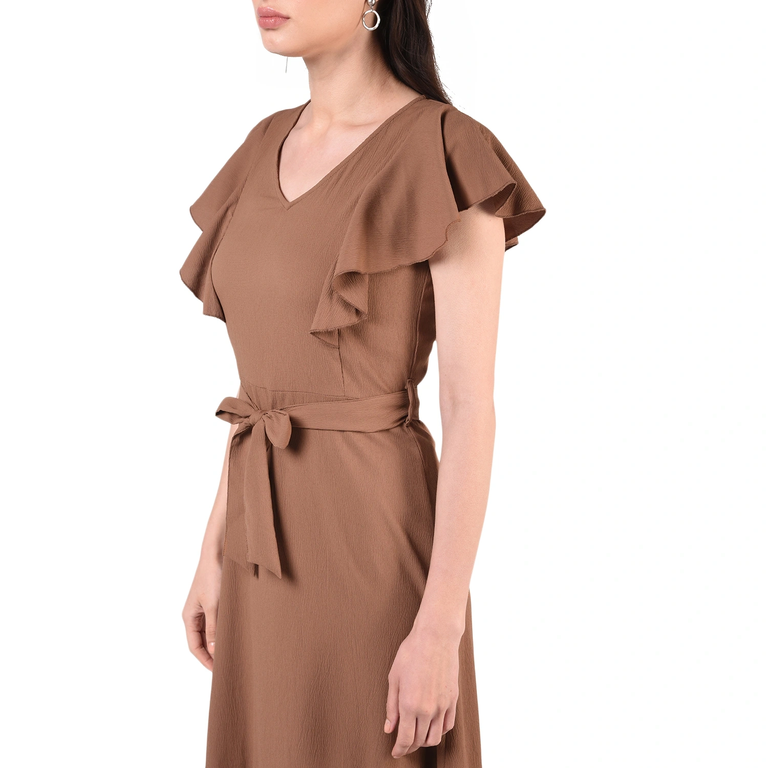 Ruffled Long Dress-Brown-34-36 (2XL)-2