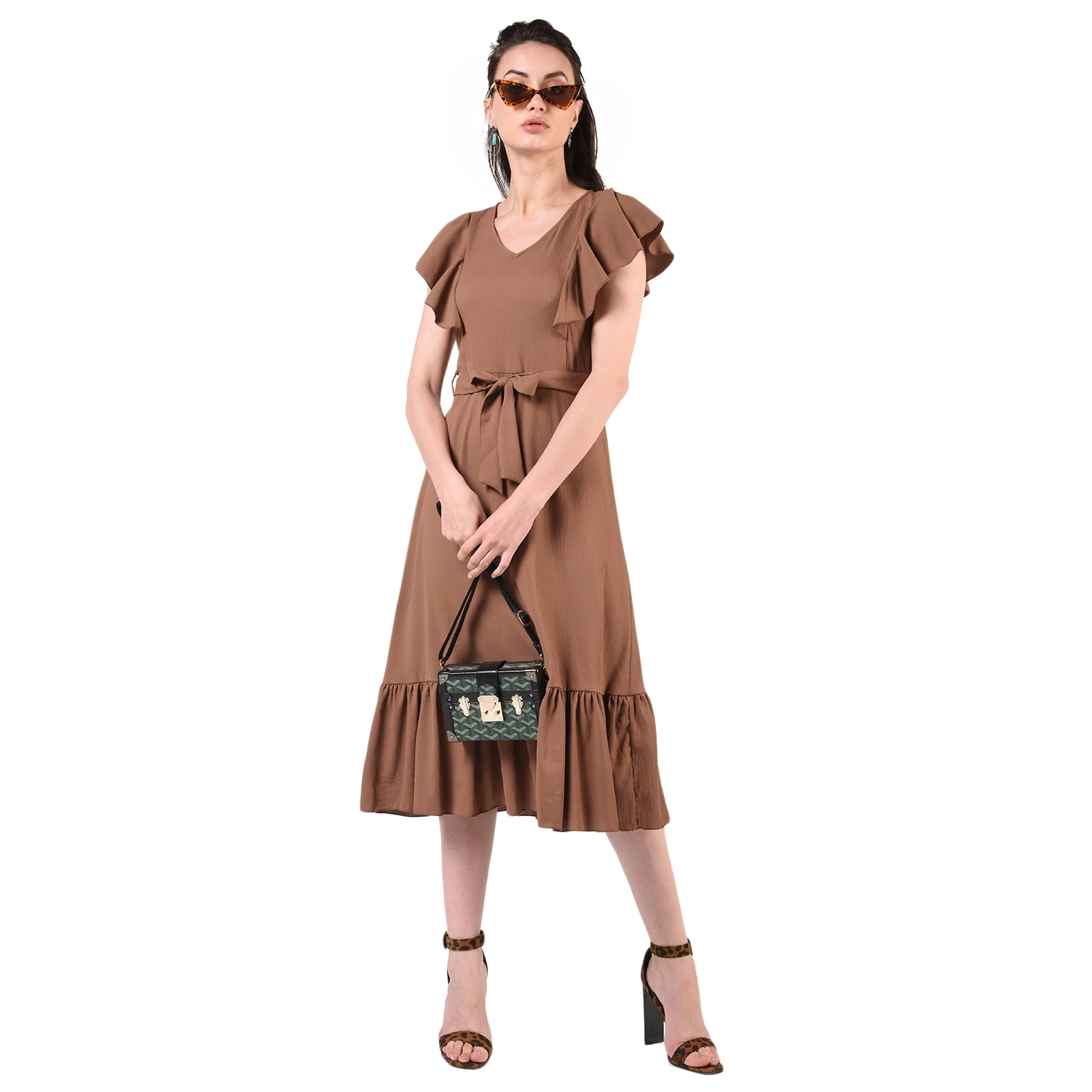 Ruffled Long Dress-Brown-34-36 (2XL)-3