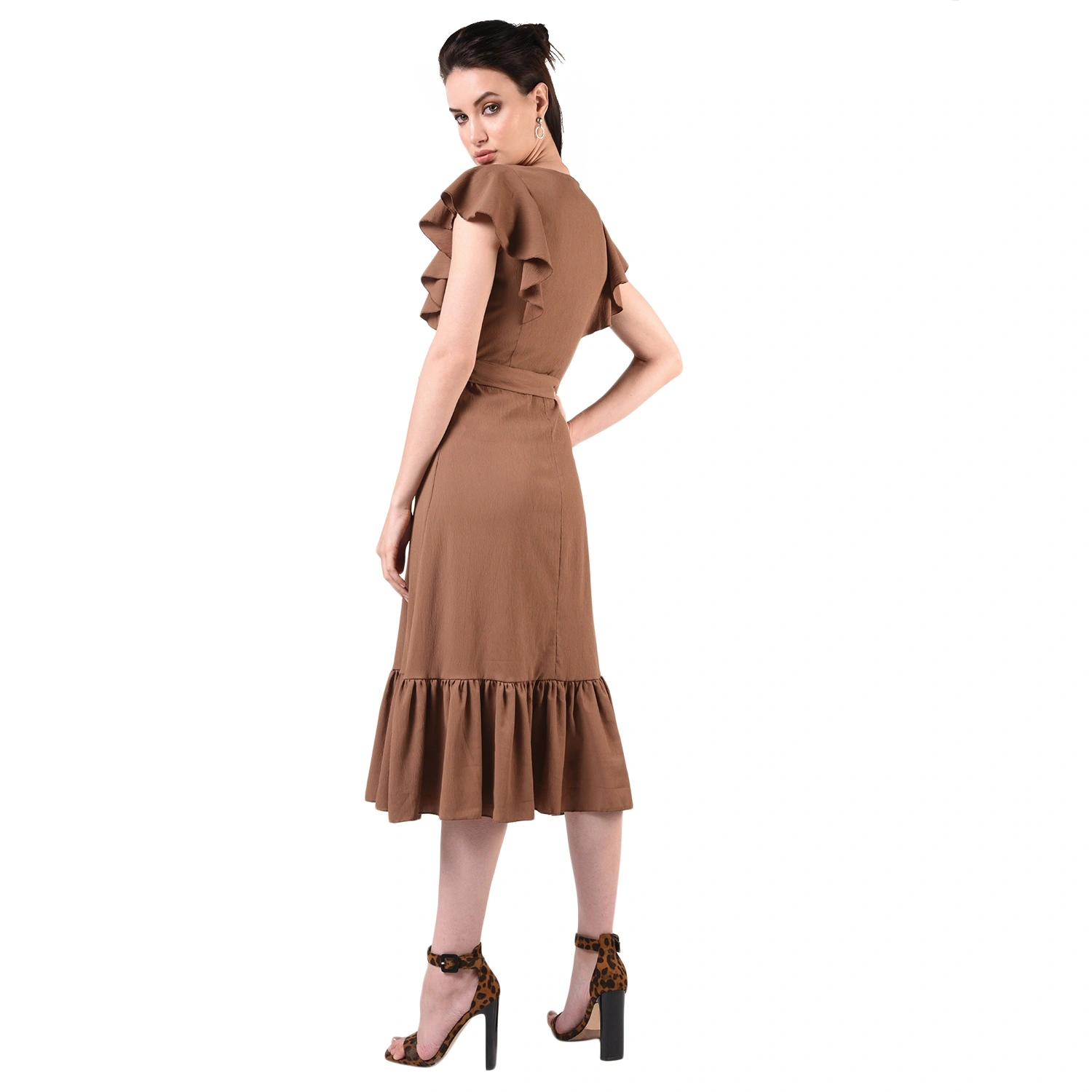 Ruffled Long Dress-Brown-34-36 (2XL)-4