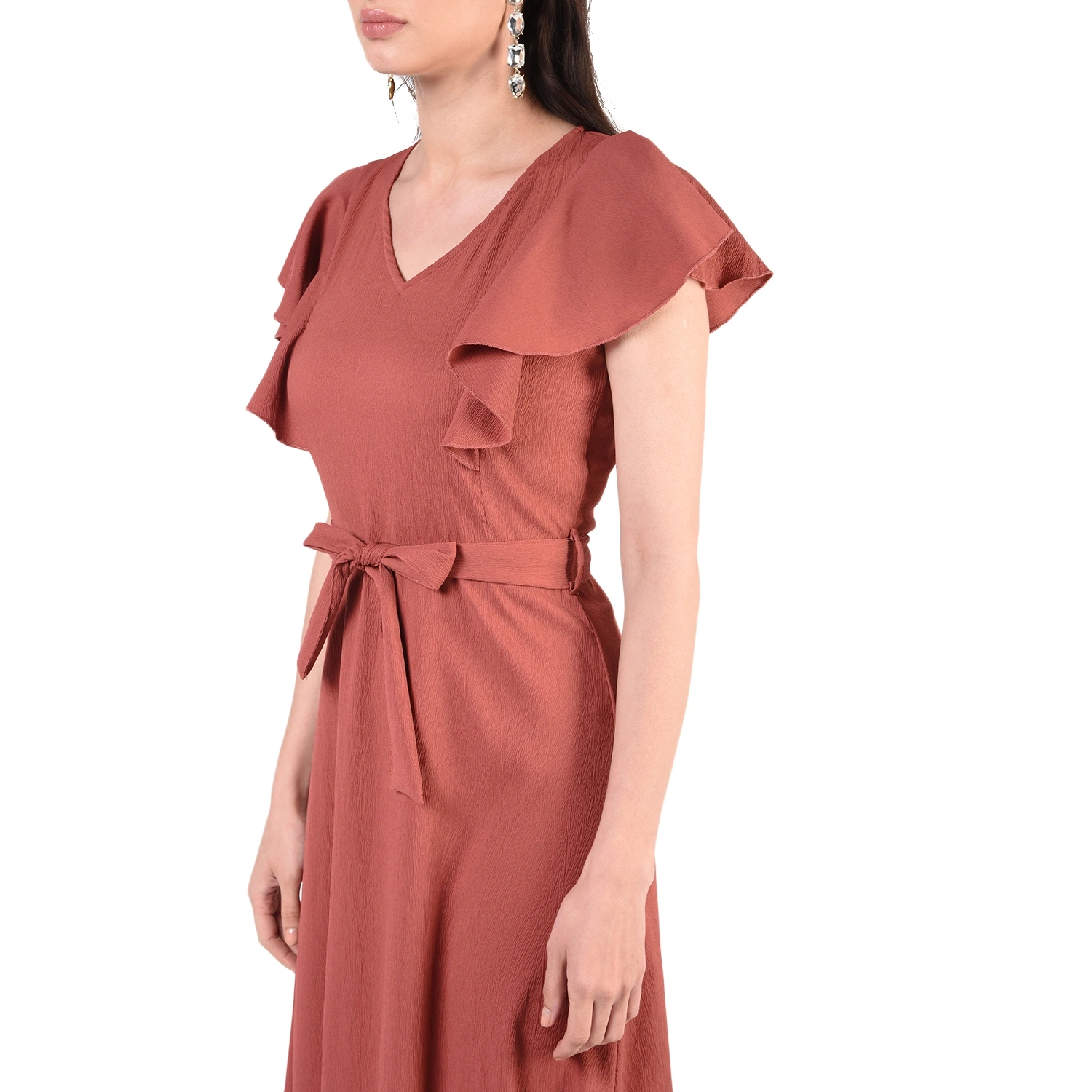 Ruffled Long Dress-Light Brown-34-36 (2XL)-2