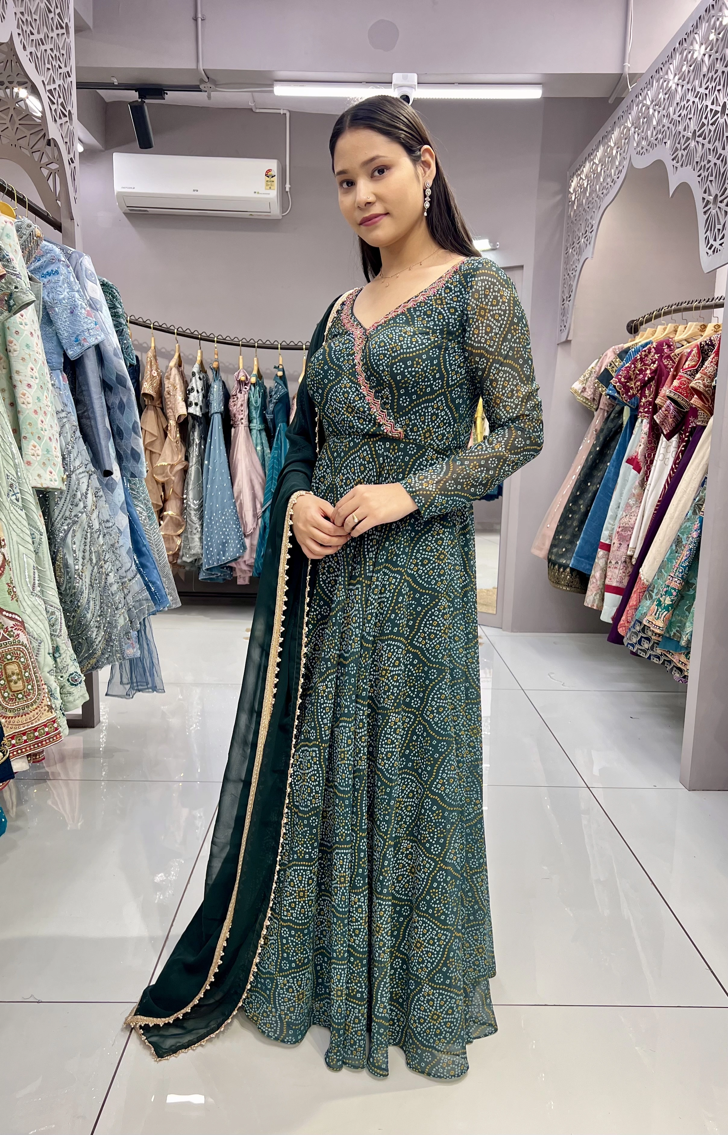 Green Bandhani Gown (Full Stitch)-1