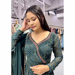 Green Bandhani Gown (Full Stitch)