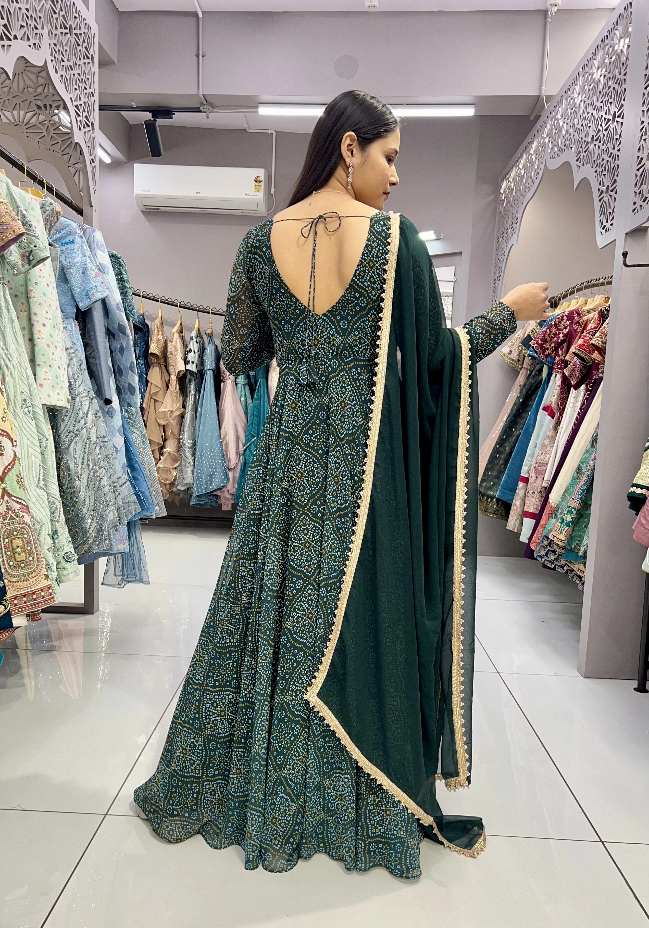 Green Bandhani Gown (Full Stitch)-2