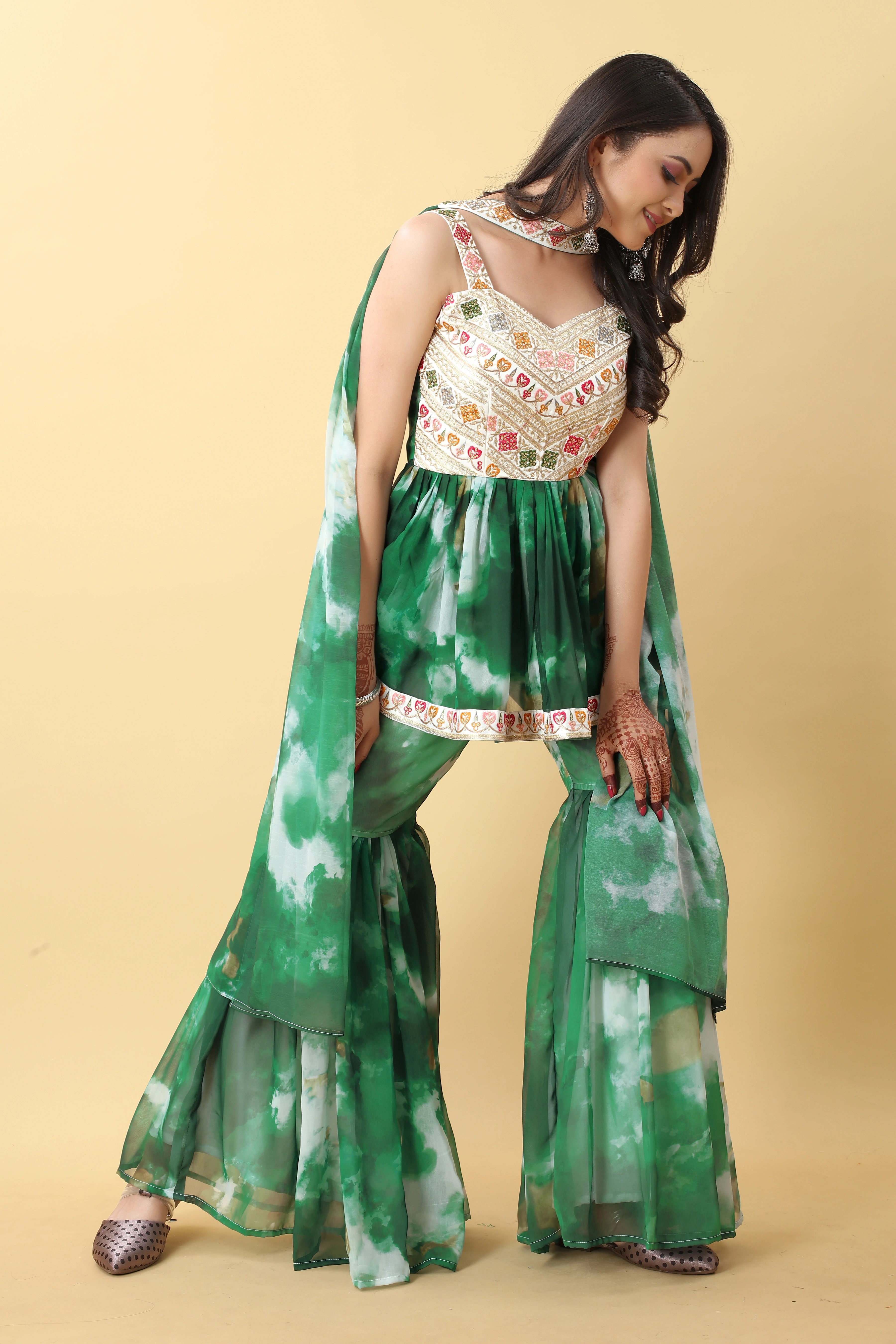 Rose Pink &amp; Green Sharara Set-Ok182