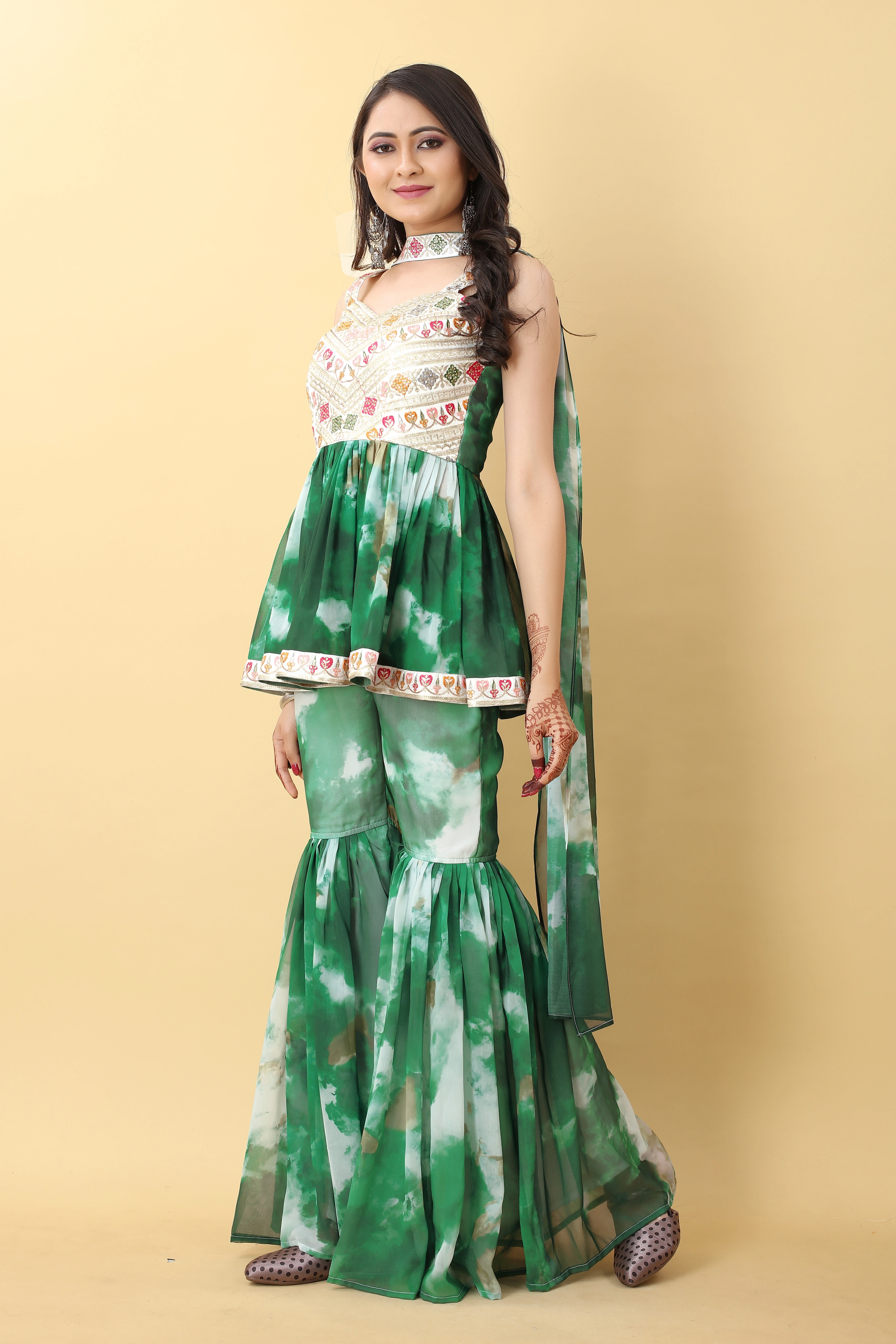 Rose Pink &amp; Green Sharara Set-1