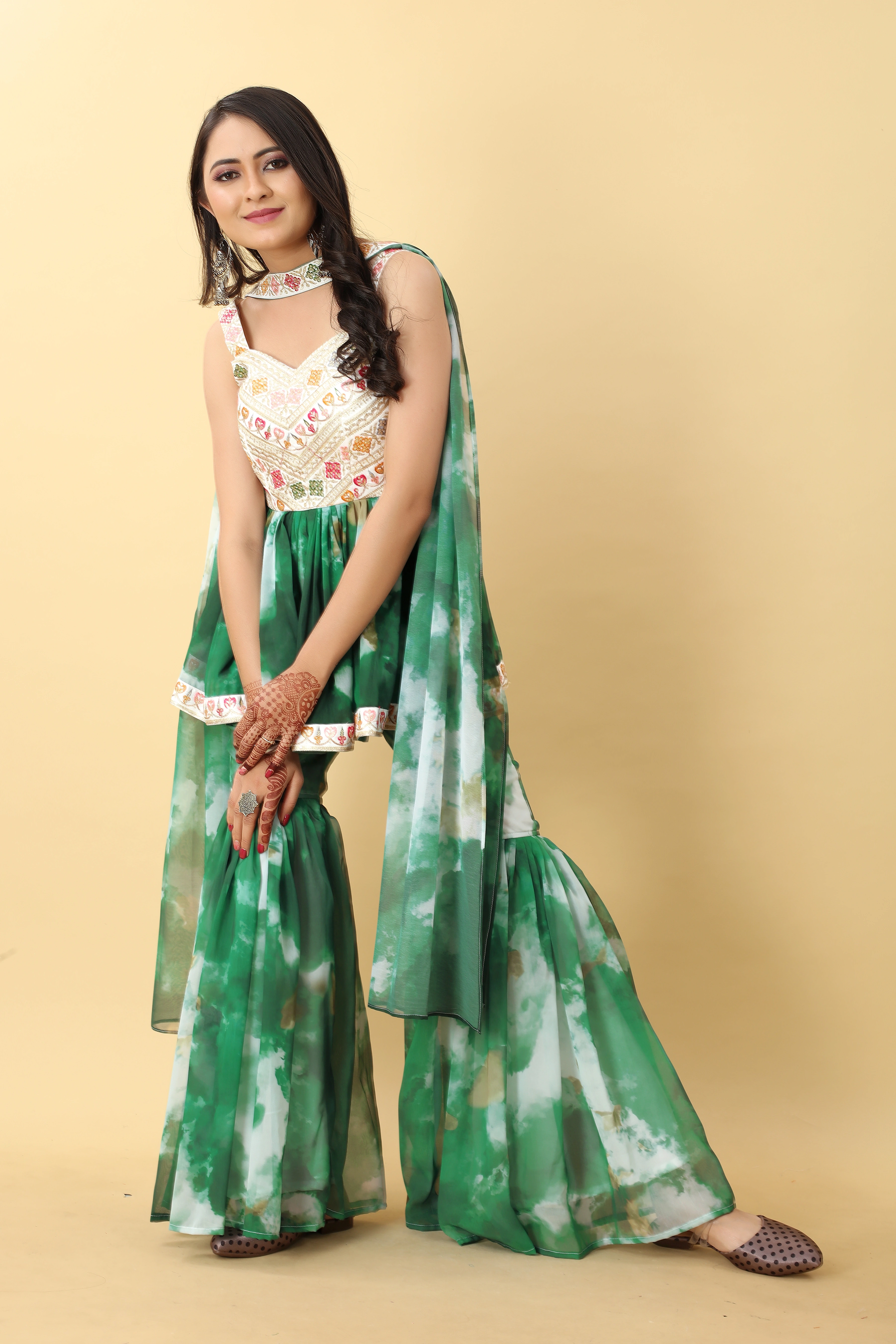 Rose Pink &amp; Green Sharara Set-3