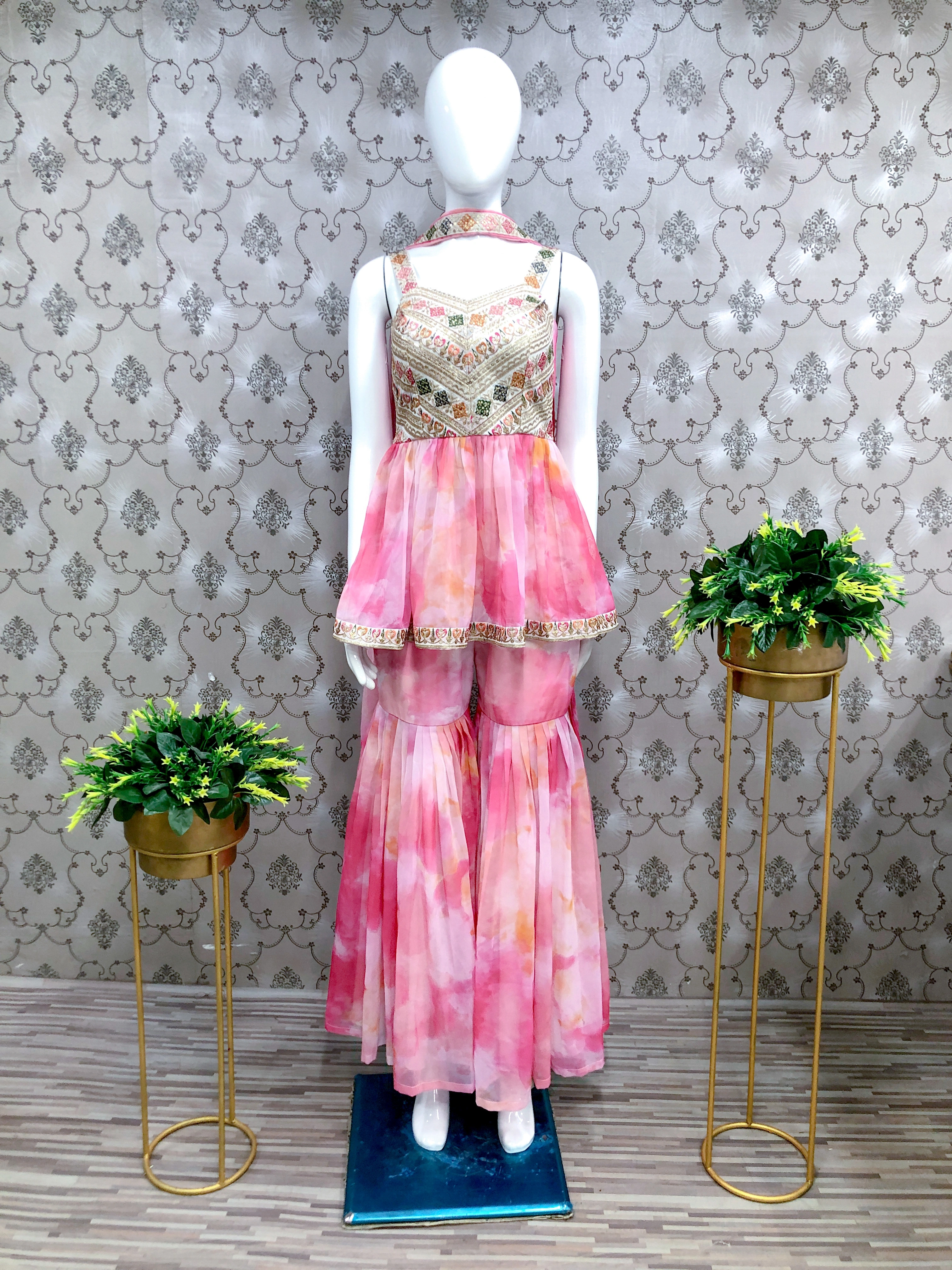 Rose Pink &amp; Green Sharara Set-1