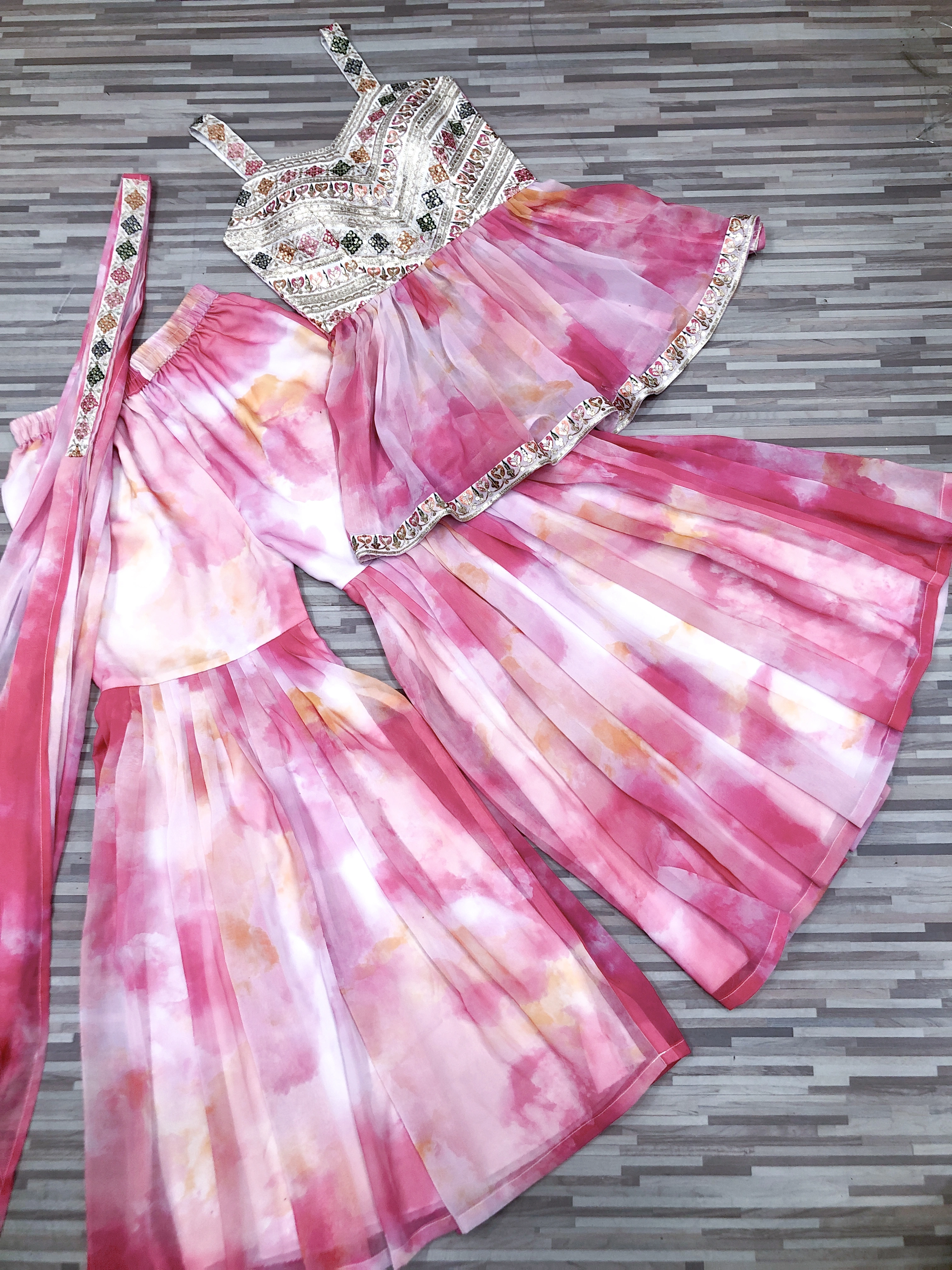 Rose Pink &amp; Green Sharara Set-2