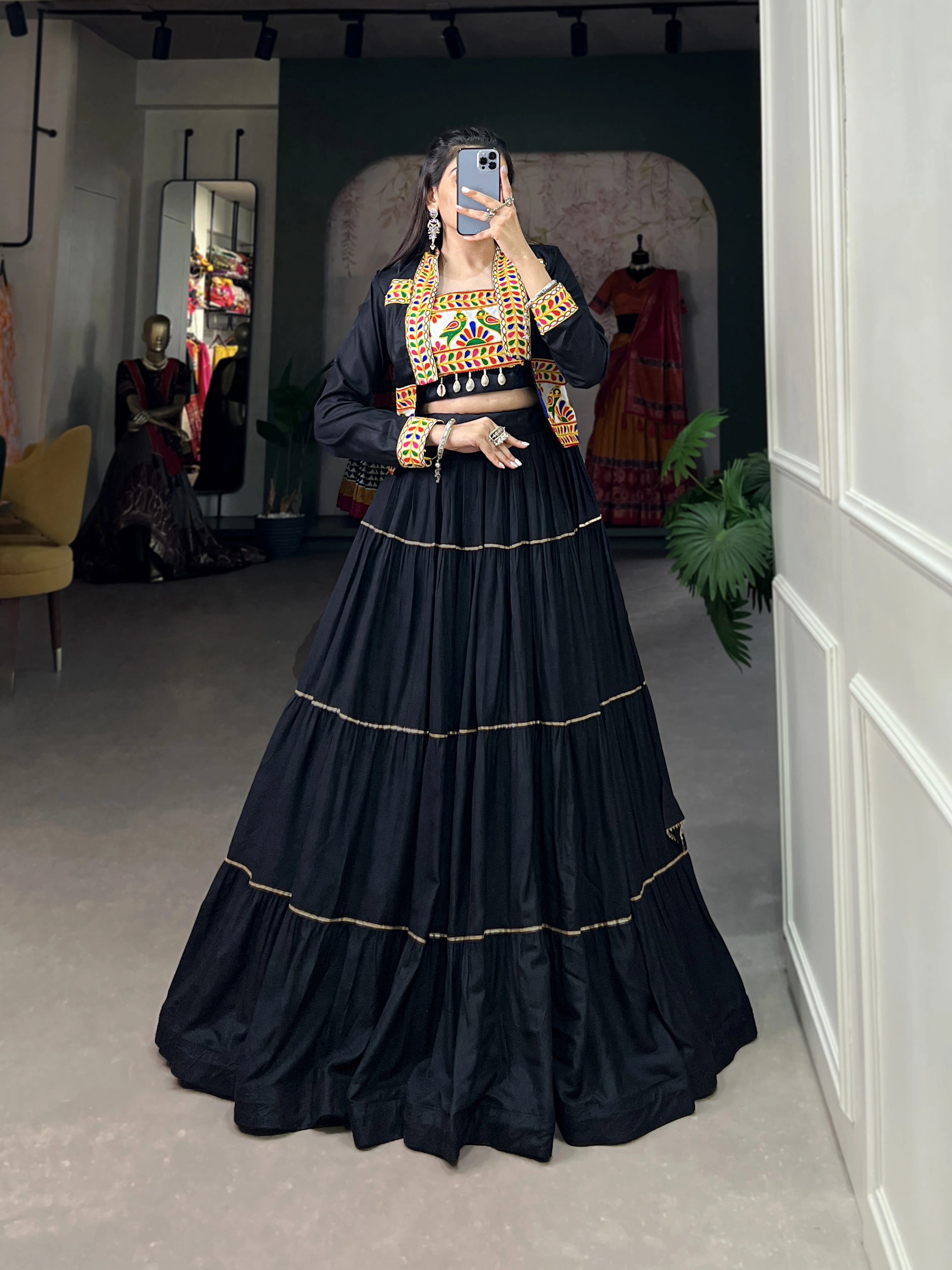 Elevate Your Navratri Style with our Exquisite Plain Pure Rayon Lehenga and Intricately Embroidered Gamthi Work Koti-Black-1