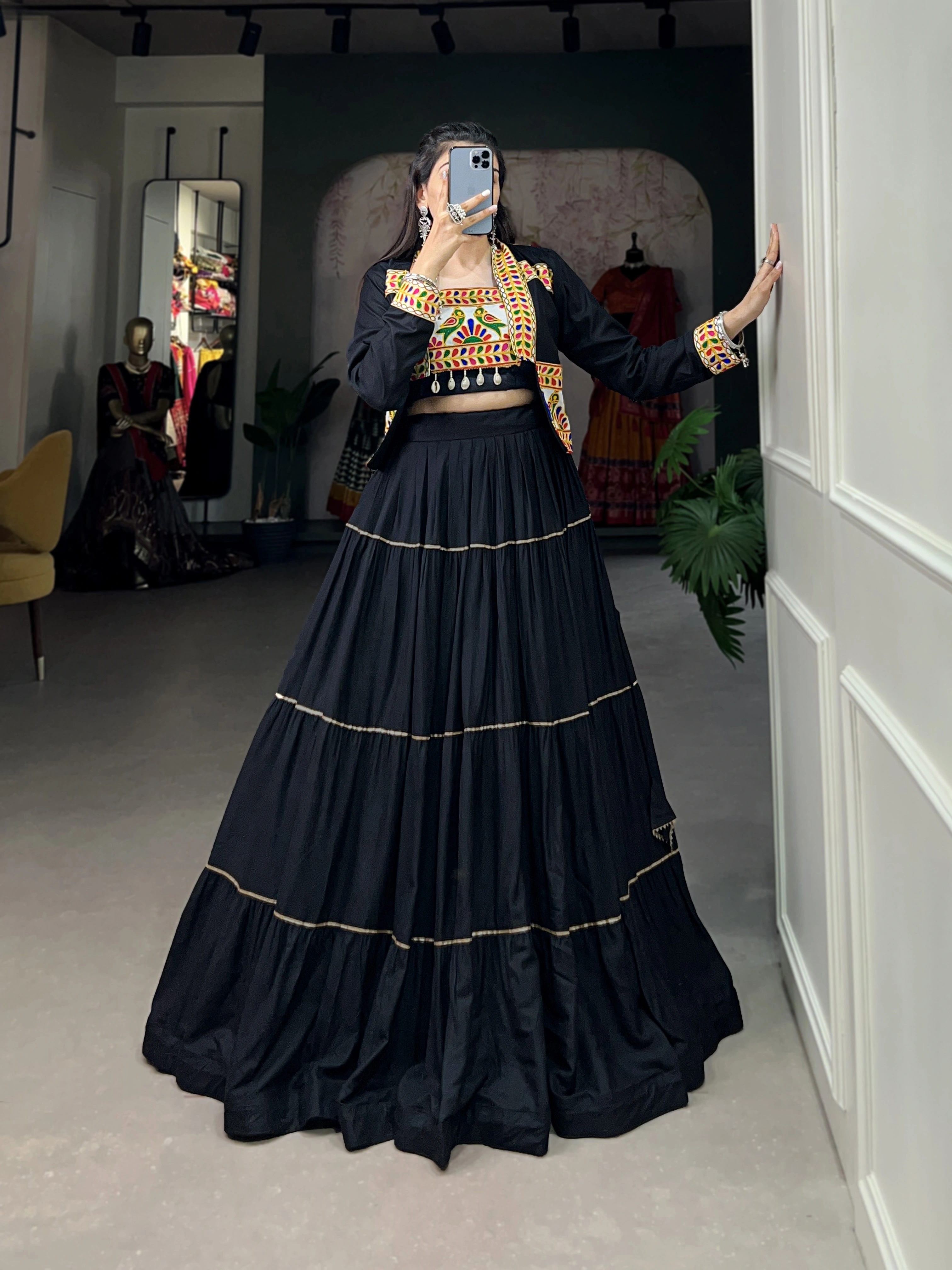 Elevate Your Navratri Style with our Exquisite Plain Pure Rayon Lehenga and Intricately Embroidered Gamthi Work Koti-Black-4