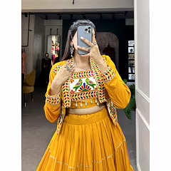 Elevate Your Navratri Style with our Exquisite Plain Pure Rayon Lehenga and Intricately Embroidered Gamthi Work Koti