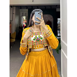 Elevate Your Navratri Style with our Exquisite Plain Pure Rayon Lehenga and Intricately Embroidered Gamthi Work Koti