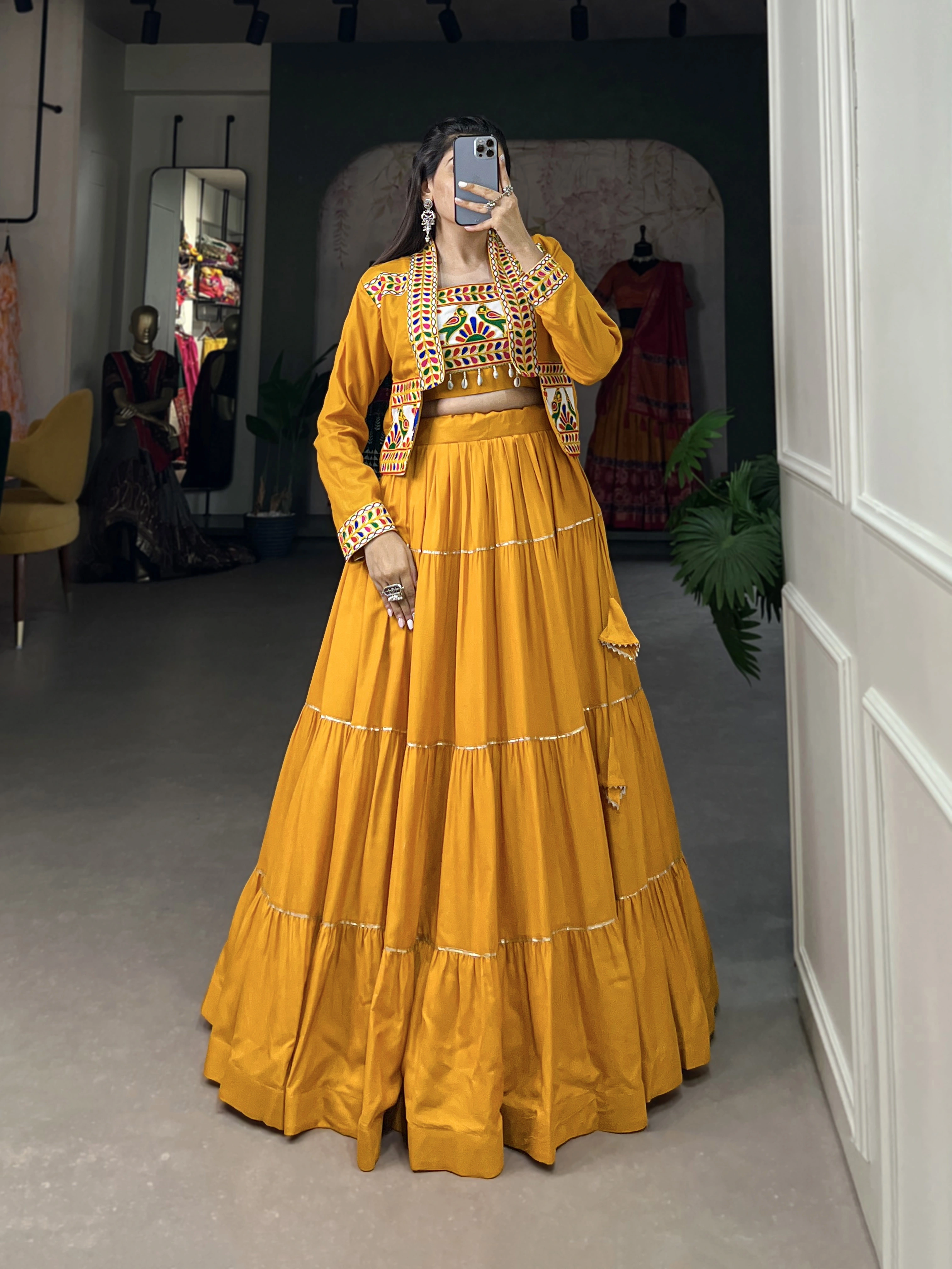 Elevate Your Navratri Style with our Exquisite Plain Pure Rayon Lehenga and Intricately Embroidered Gamthi Work Koti-Yellow-2