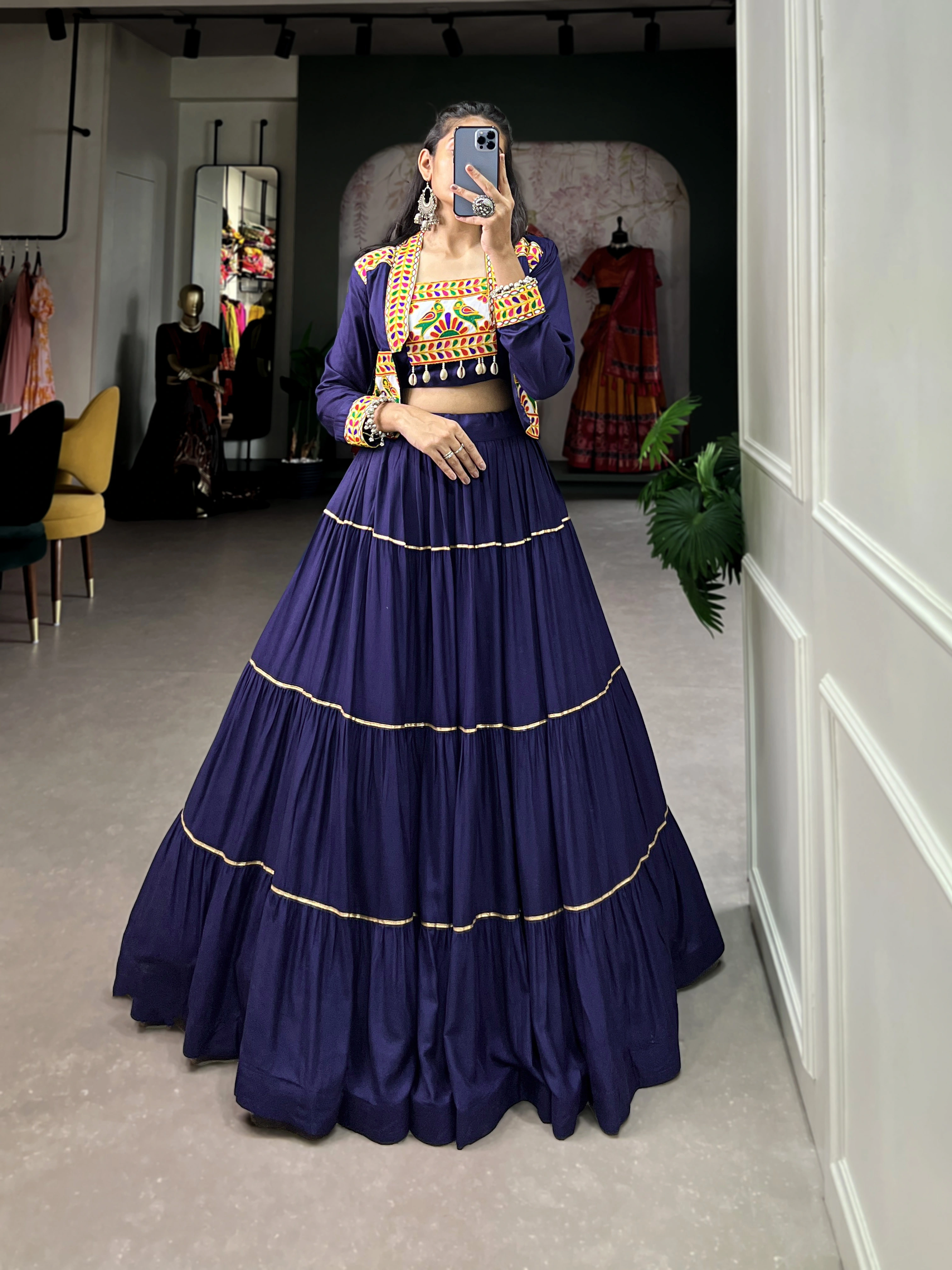 Elevate Your Navratri Style with our Exquisite Plain Pure Rayon Lehenga and Intricately Embroidered Gamthi Work Koti-Blue-1