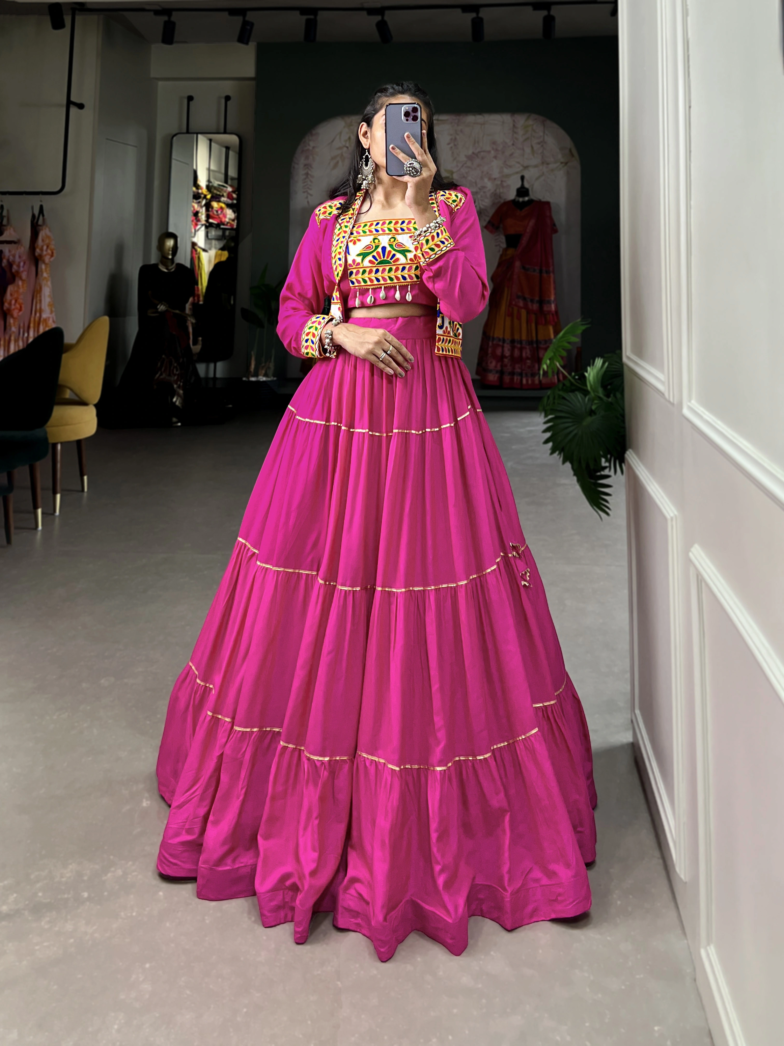 Elevate Your Navratri Style with our Exquisite Plain Pure Rayon Lehenga and Intricately Embroidered Gamthi Work Koti-Pink-2