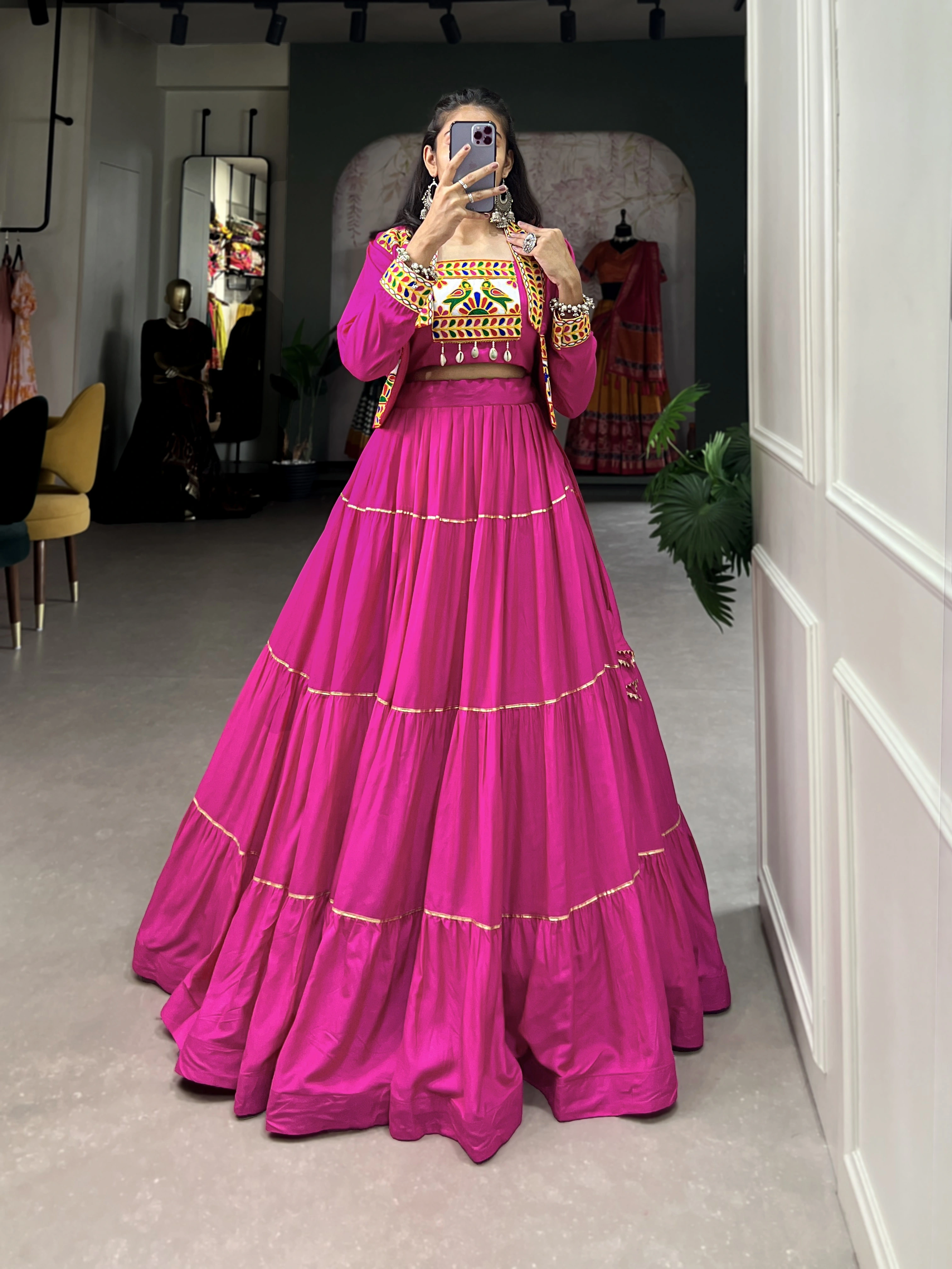 Elevate Your Navratri Style with our Exquisite Plain Pure Rayon Lehenga and Intricately Embroidered Gamthi Work Koti-Pink-4