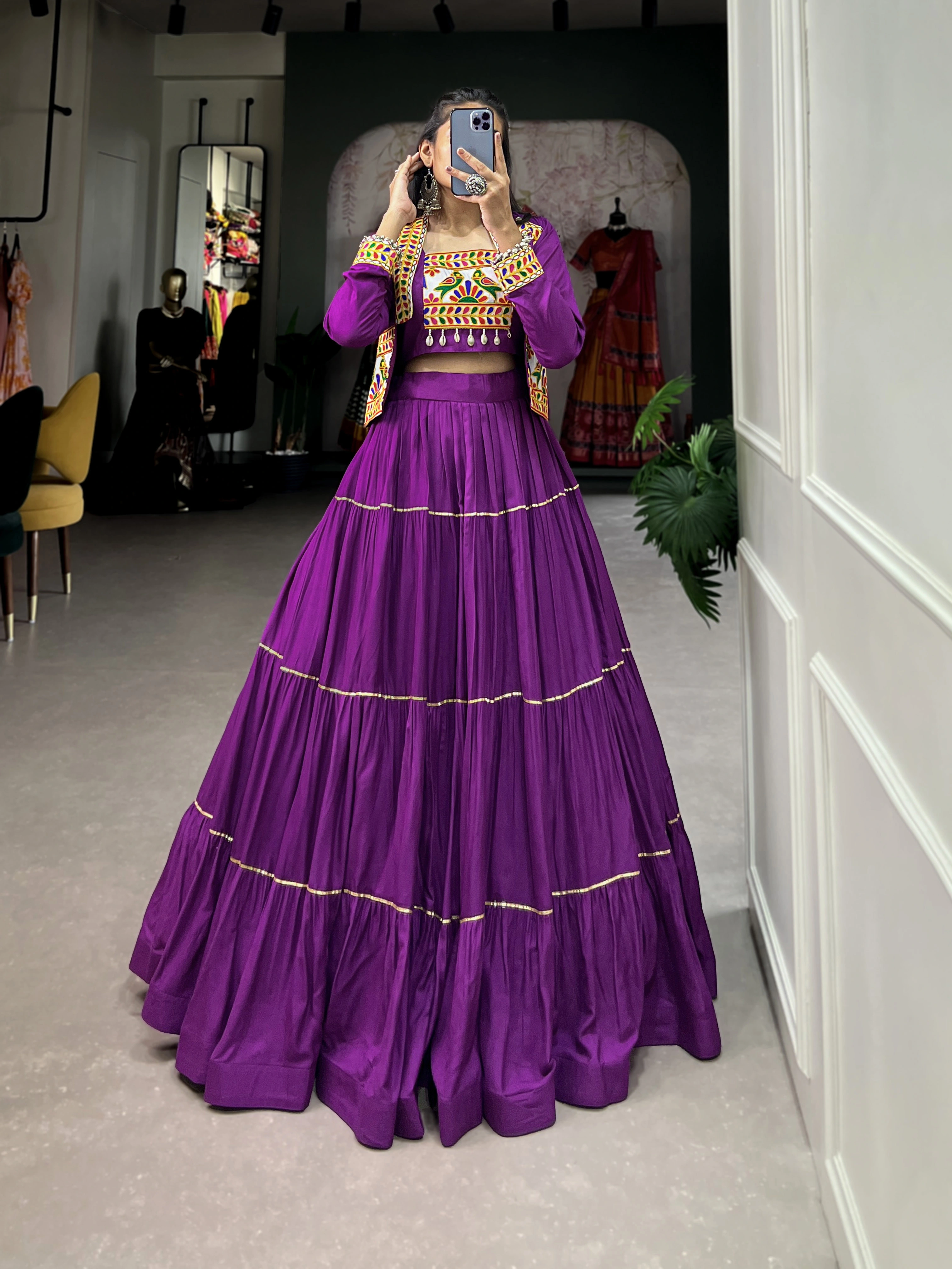 Elevate Your Navratri Style with our Exquisite Plain Pure Rayon Lehenga and Intricately Embroidered Gamthi Work Koti-Purple-2