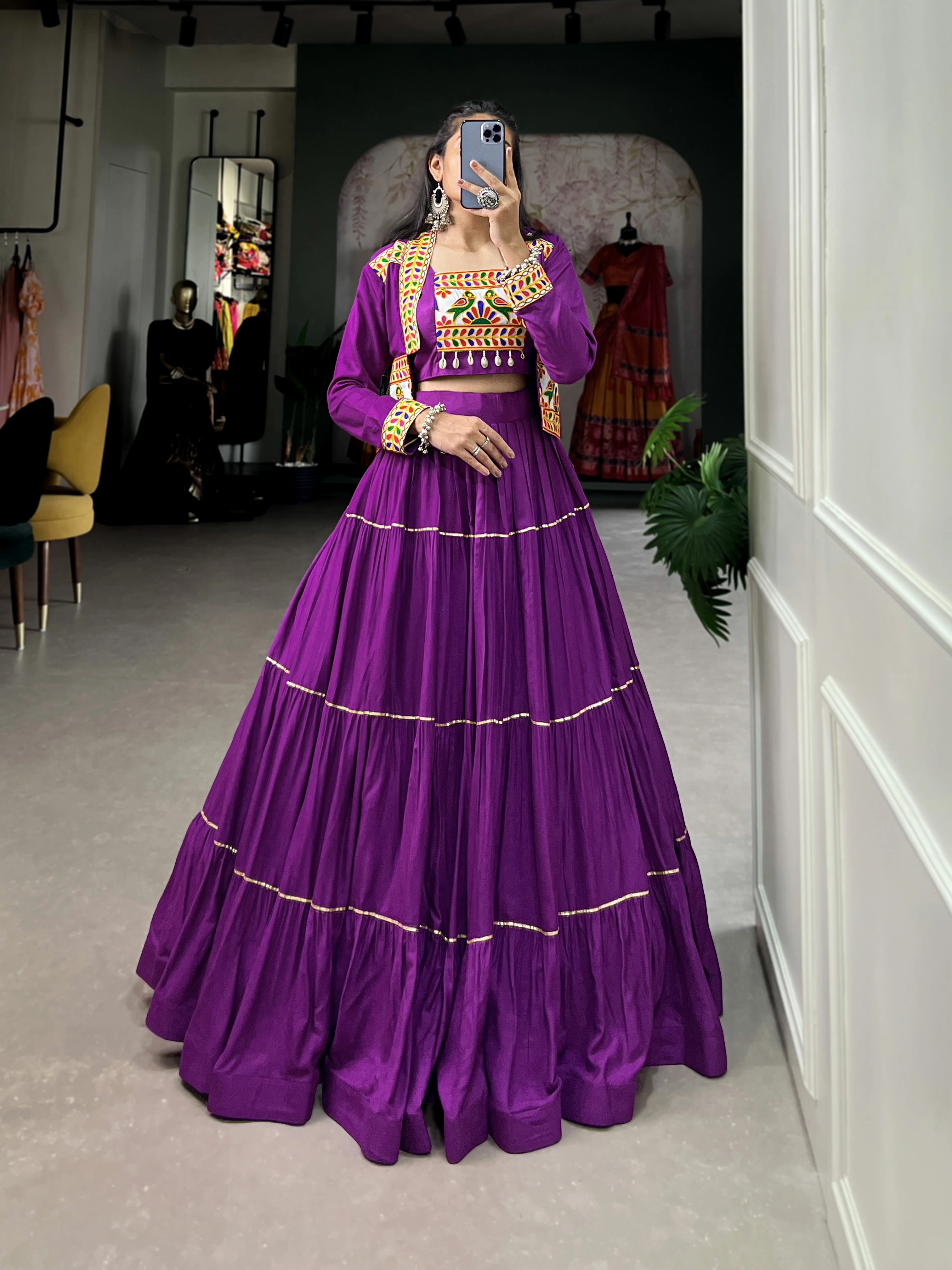 Elevate Your Navratri Style with our Exquisite Plain Pure Rayon Lehenga and Intricately Embroidered Gamthi Work Koti-Purple-4