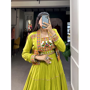 Elevate Your Navratri Style with our Exquisite Plain Pure Rayon Lehenga and Intricately Embroidered Gamthi Work Koti