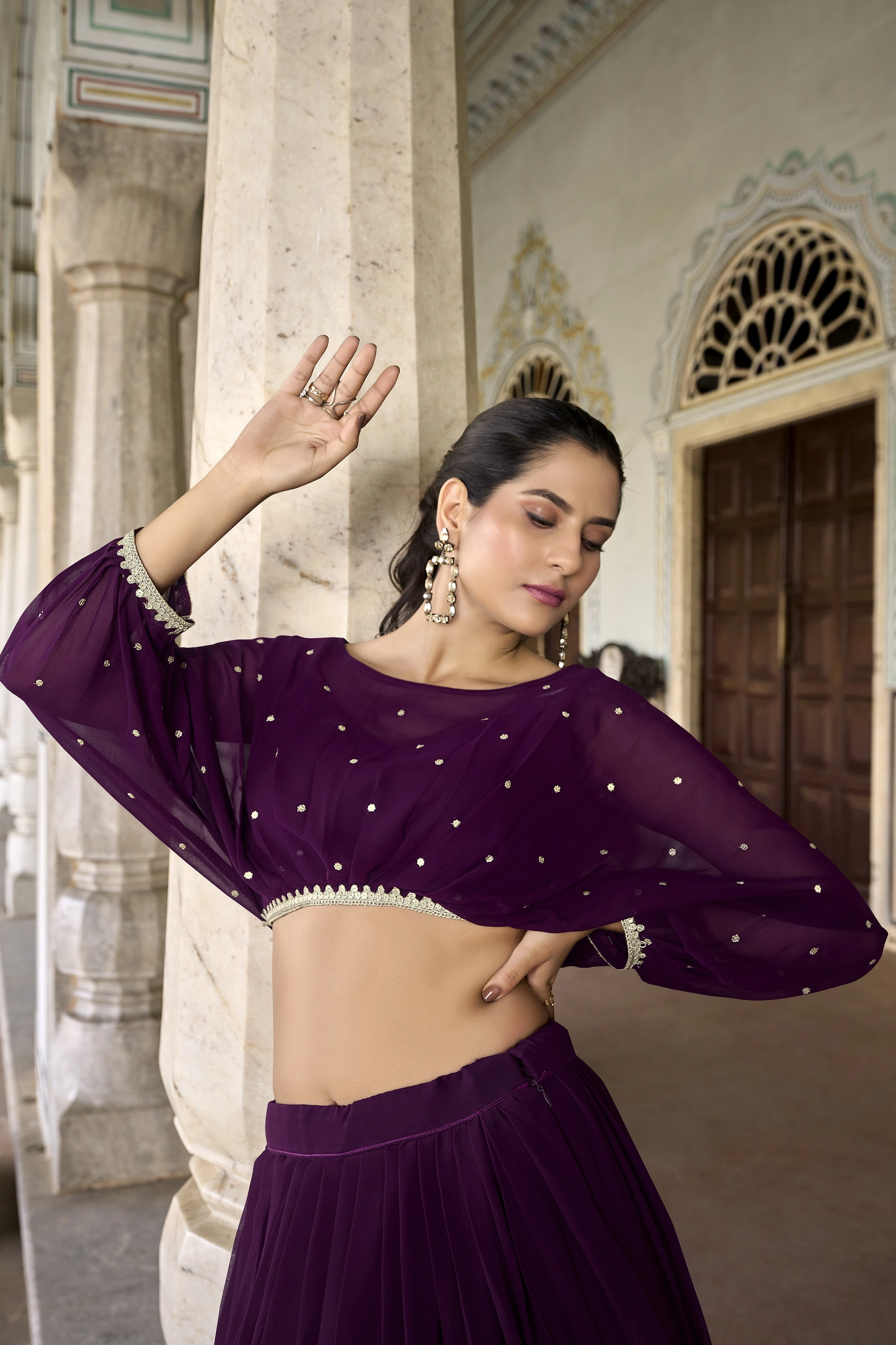 Flaunt Your Flair with Georgette Co-ord Set, Embroidered to Perfection, a Captivating Confluence of Tradition and Trend!-Purple-1