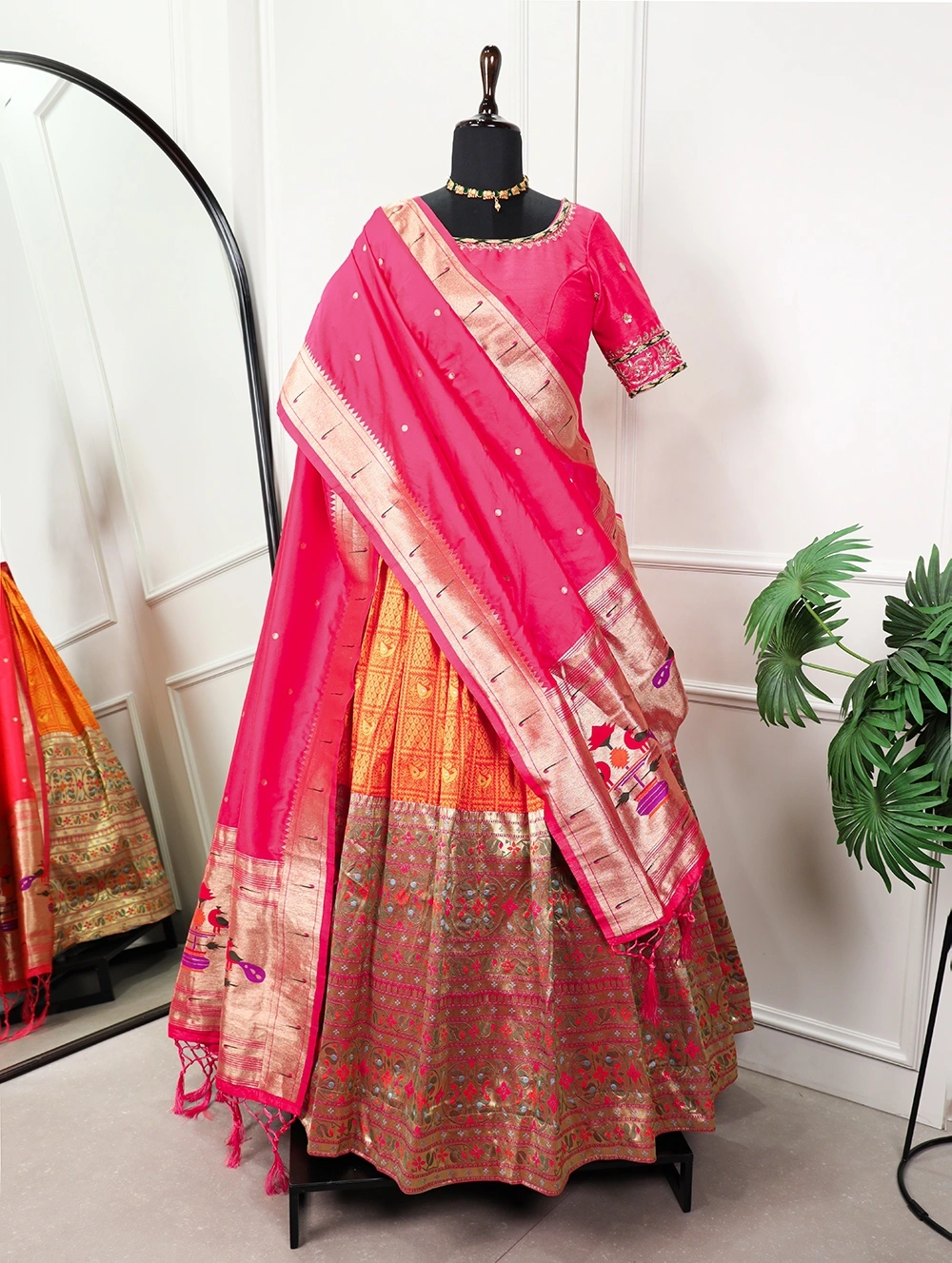 Jacquard orange Paithani lehenga-Orange-2