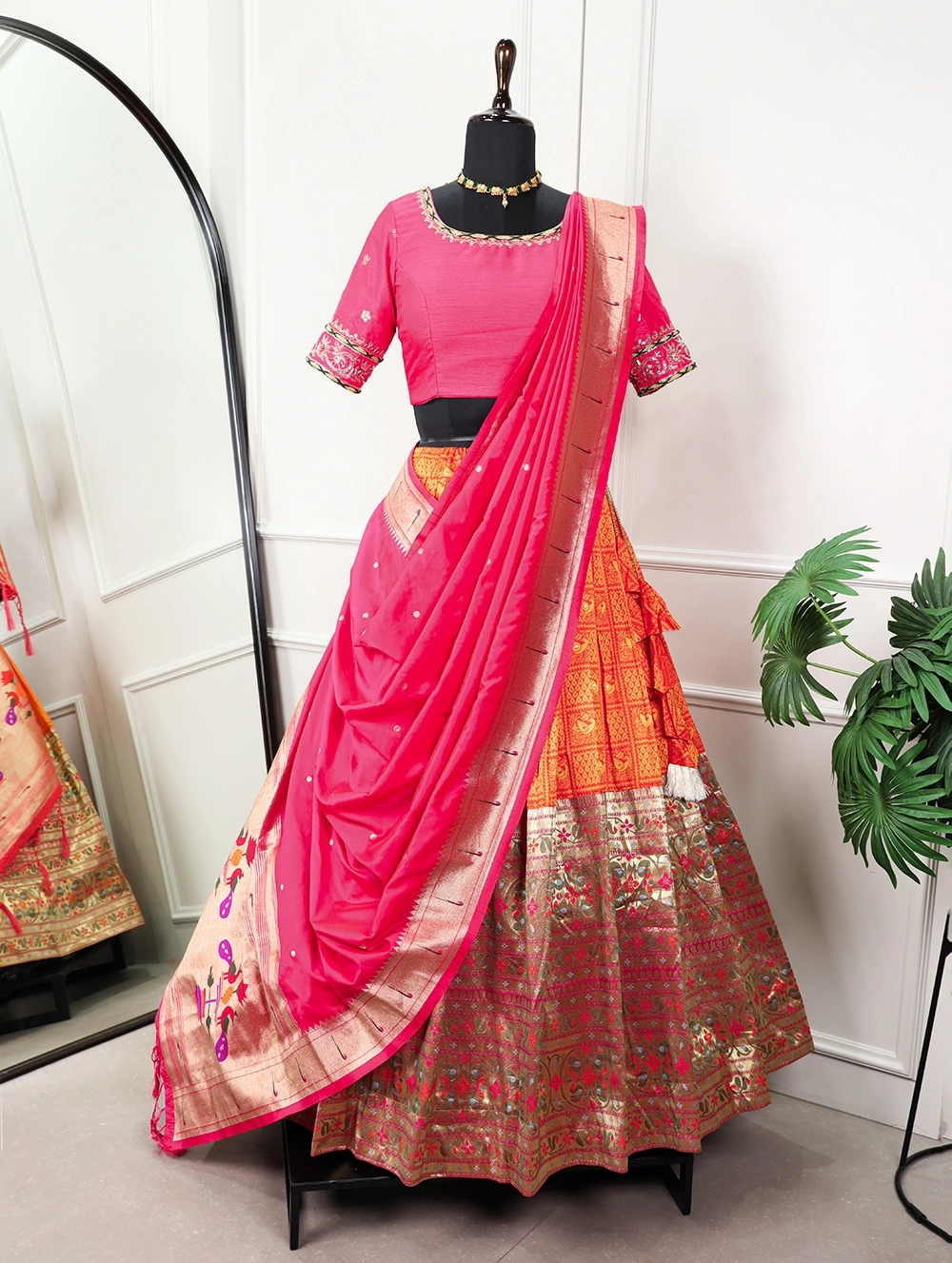 Jacquard orange Paithani lehenga-Orange-4