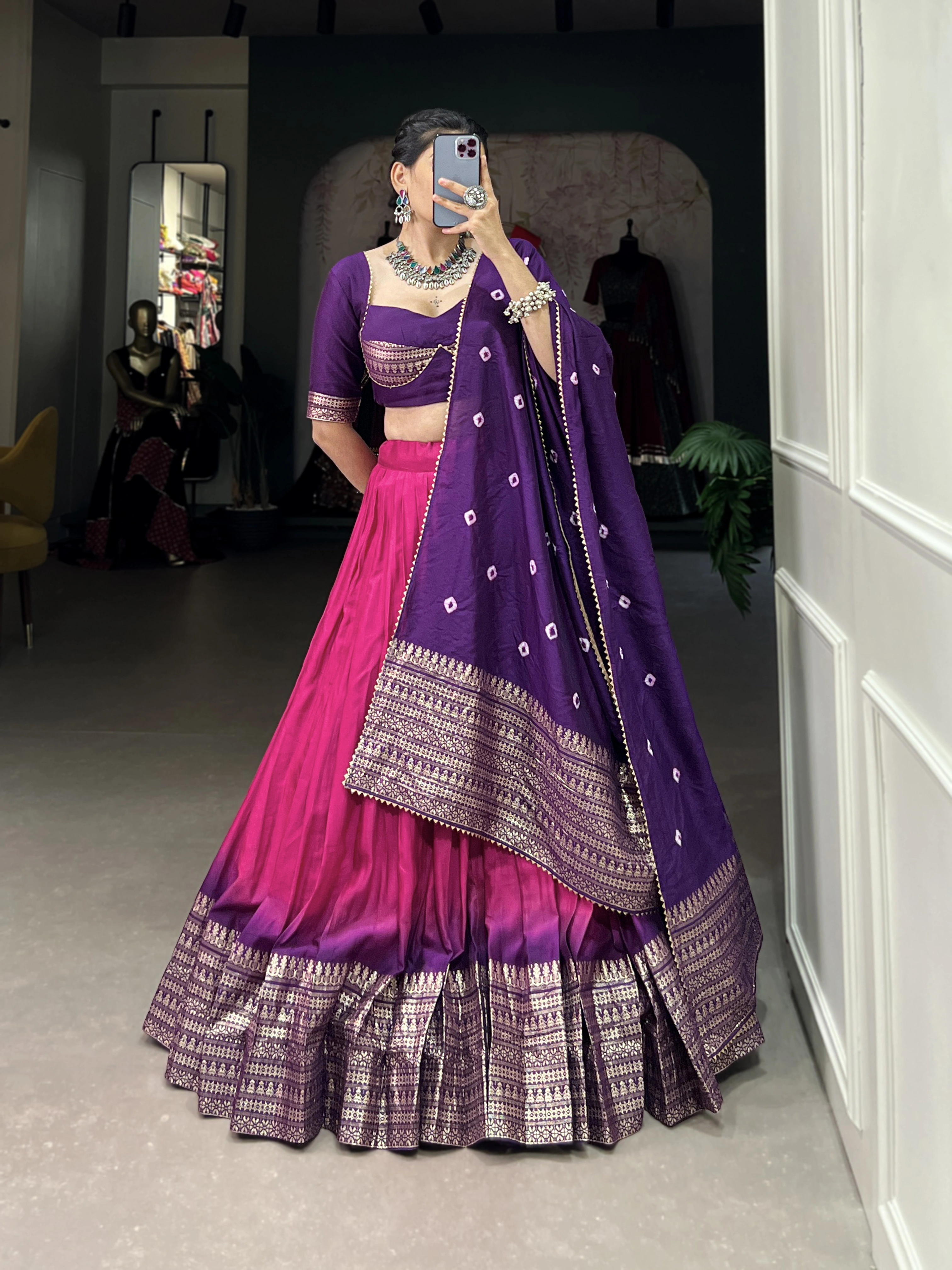 Pure Chanderi Lehenga-Pink-2