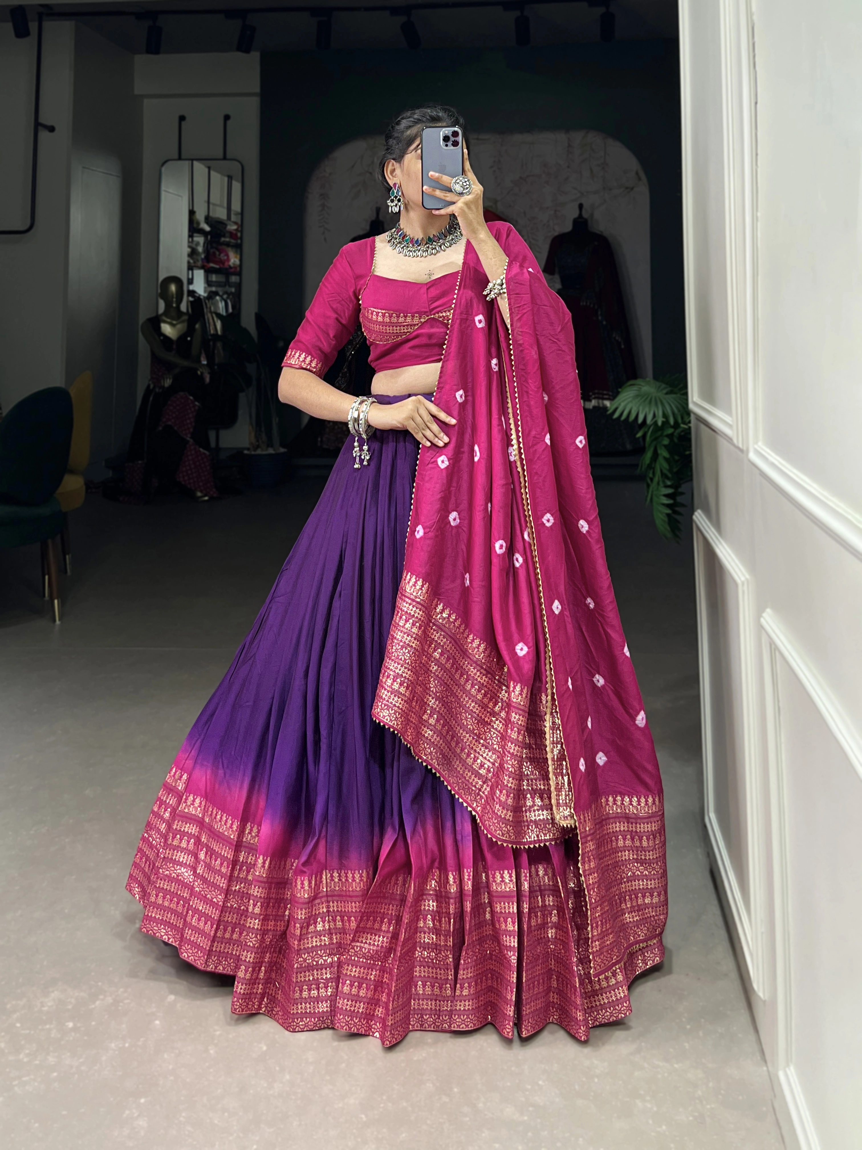 Pure Chanderi Lehenga-Purple-2