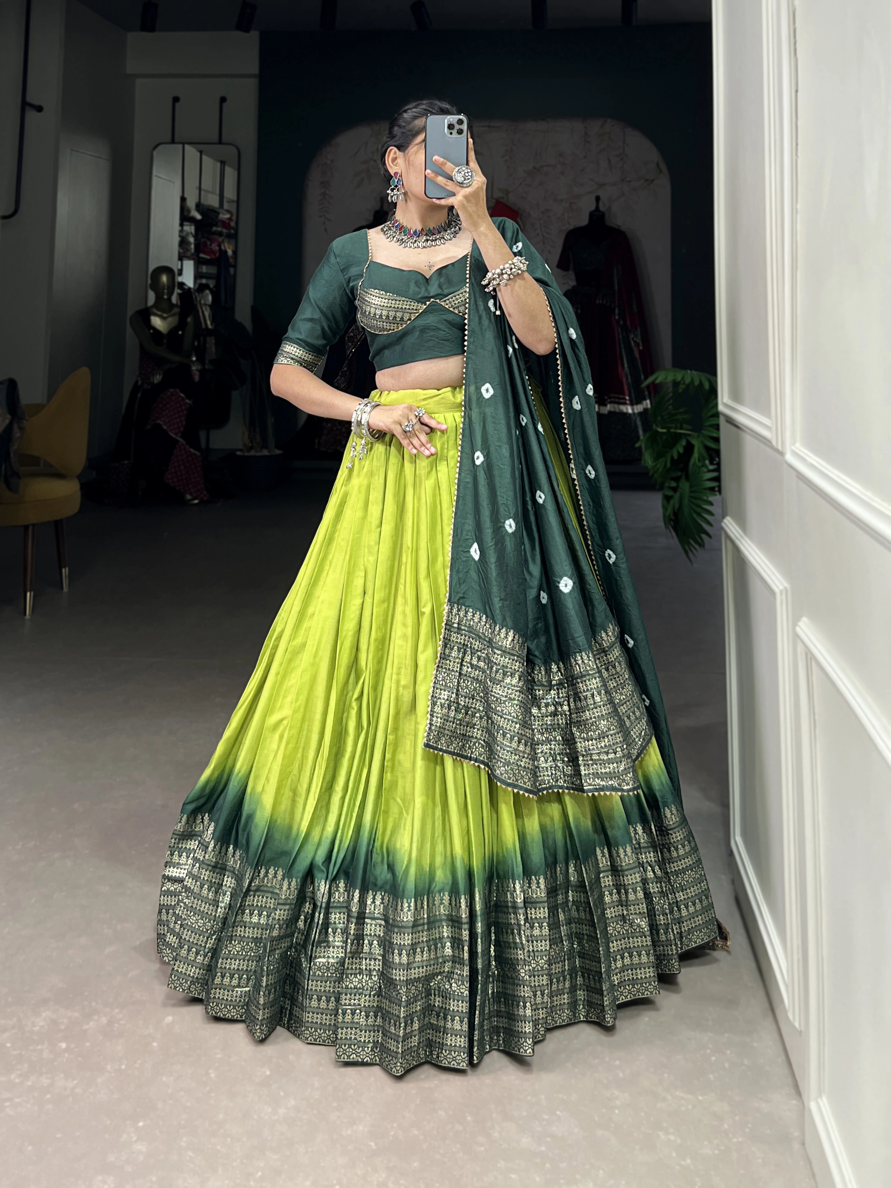 Pure Chanderi Lehenga-Green-2