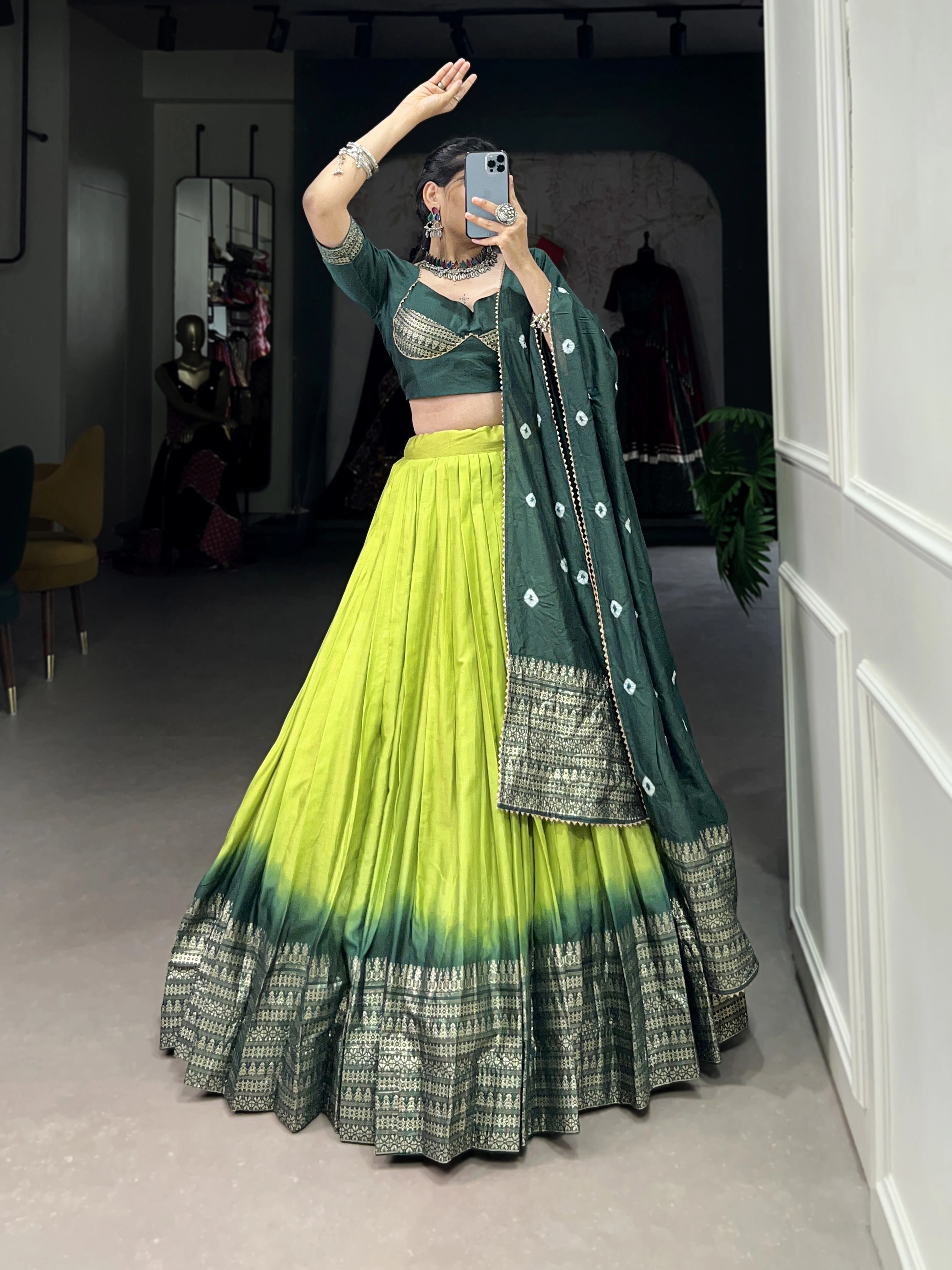 Pure Chanderi Lehenga-Green-4