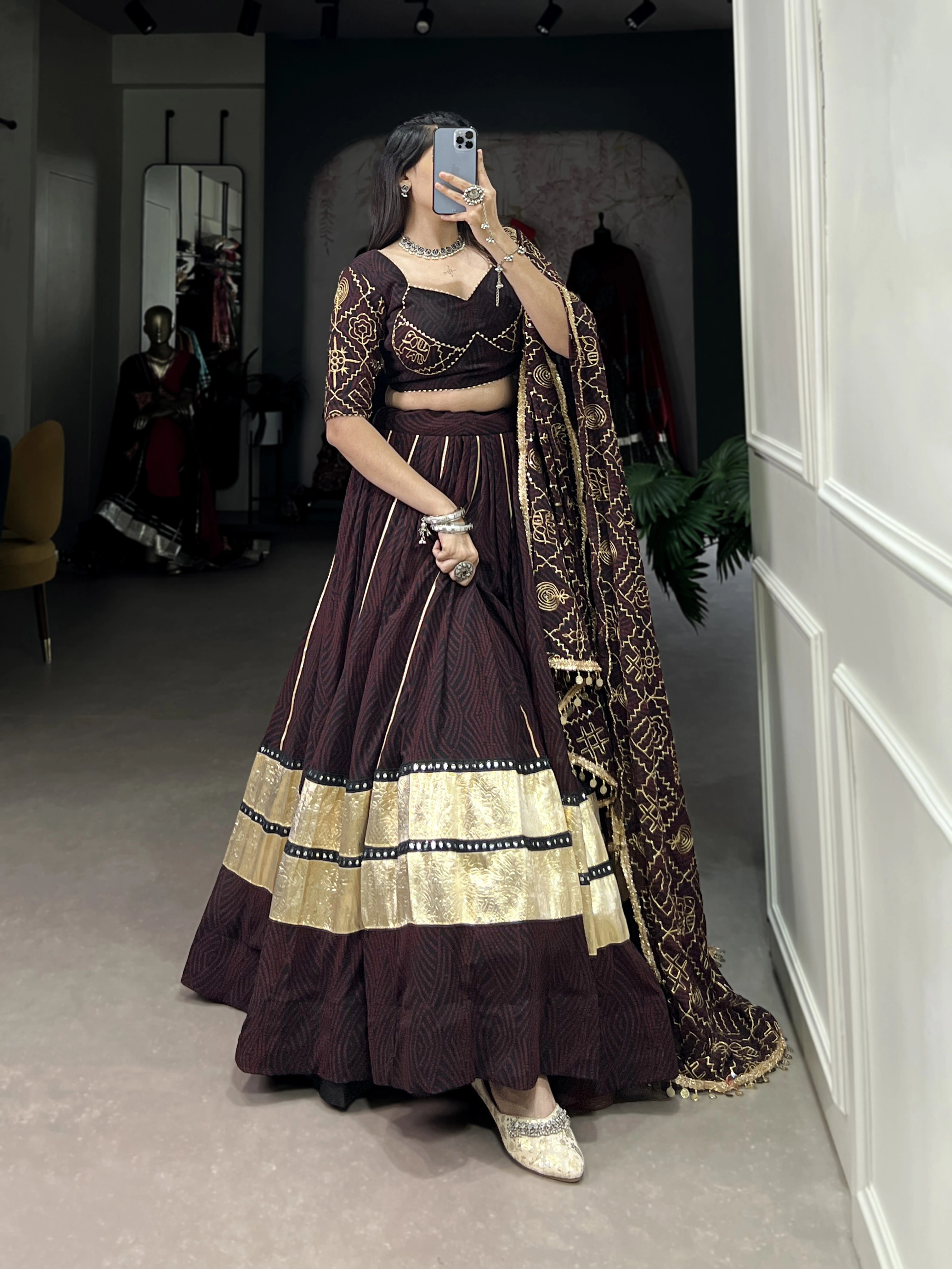 Bandhej Print Paithani lehenga choli-Brown-2