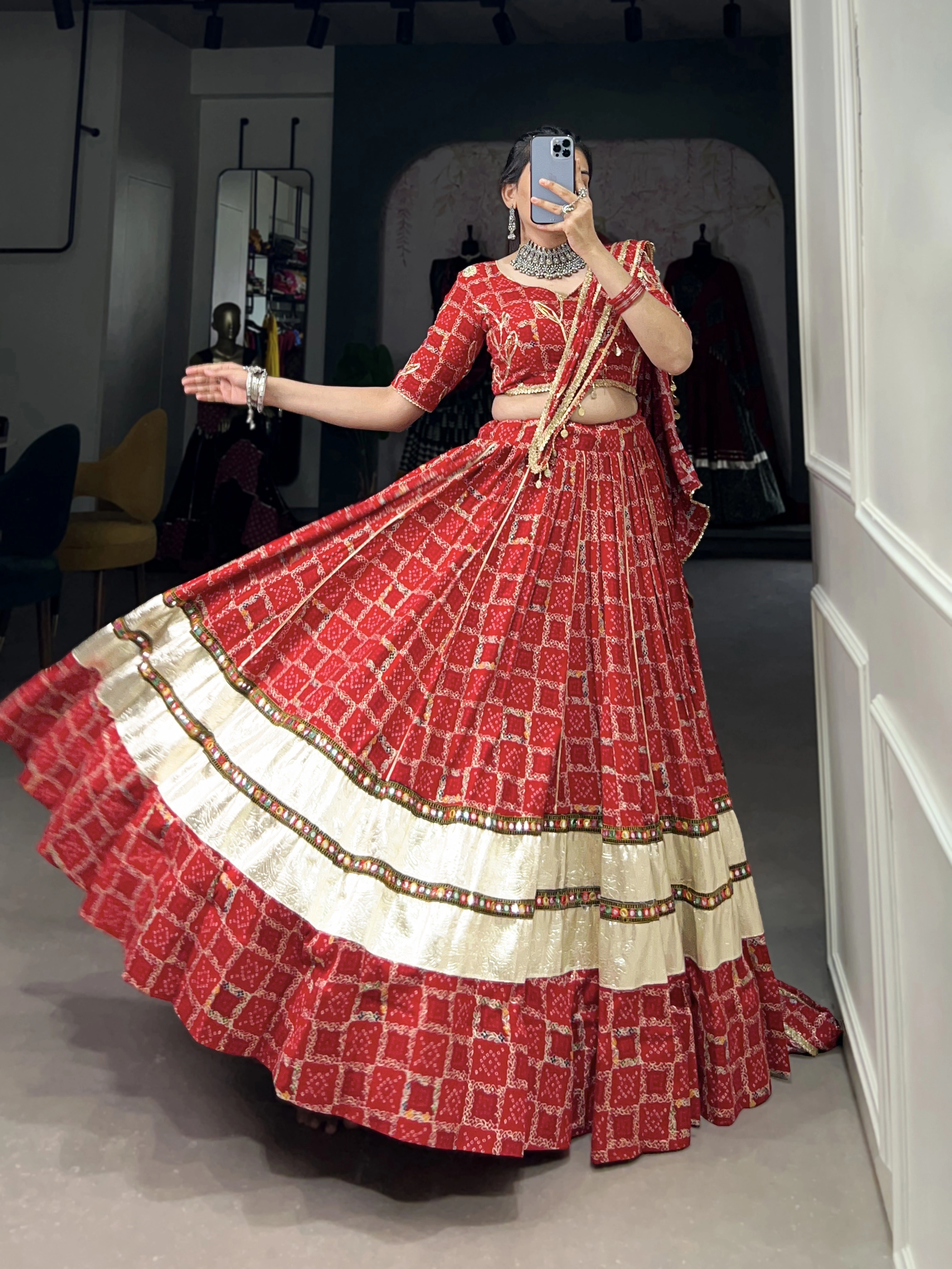 Foil Printed With Gota Patti And Paper Mirror Work Lace Touch Up-Red-4