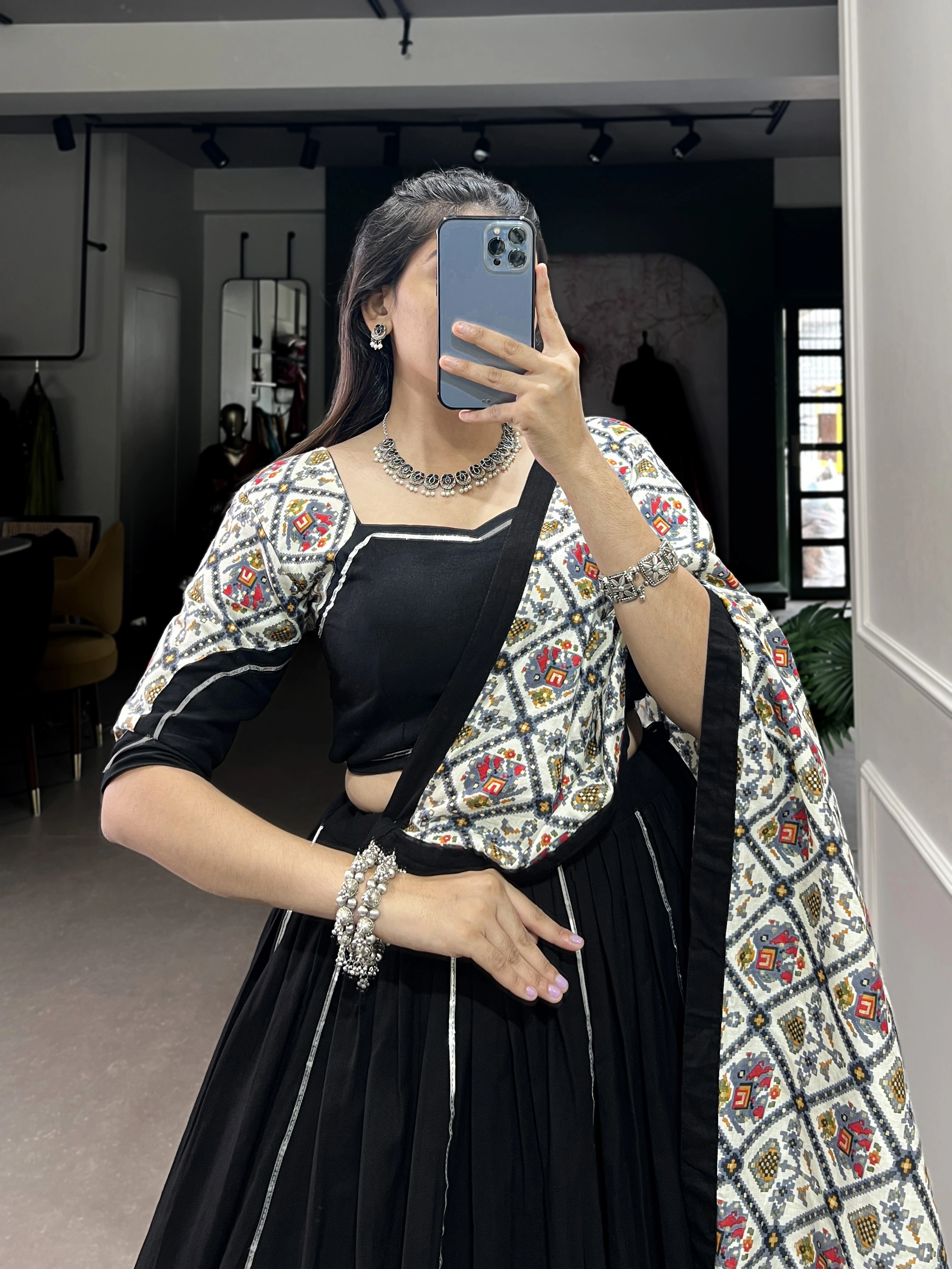 Plain And Foiled Patola Print With Gota Patti Touch Up-Black-1